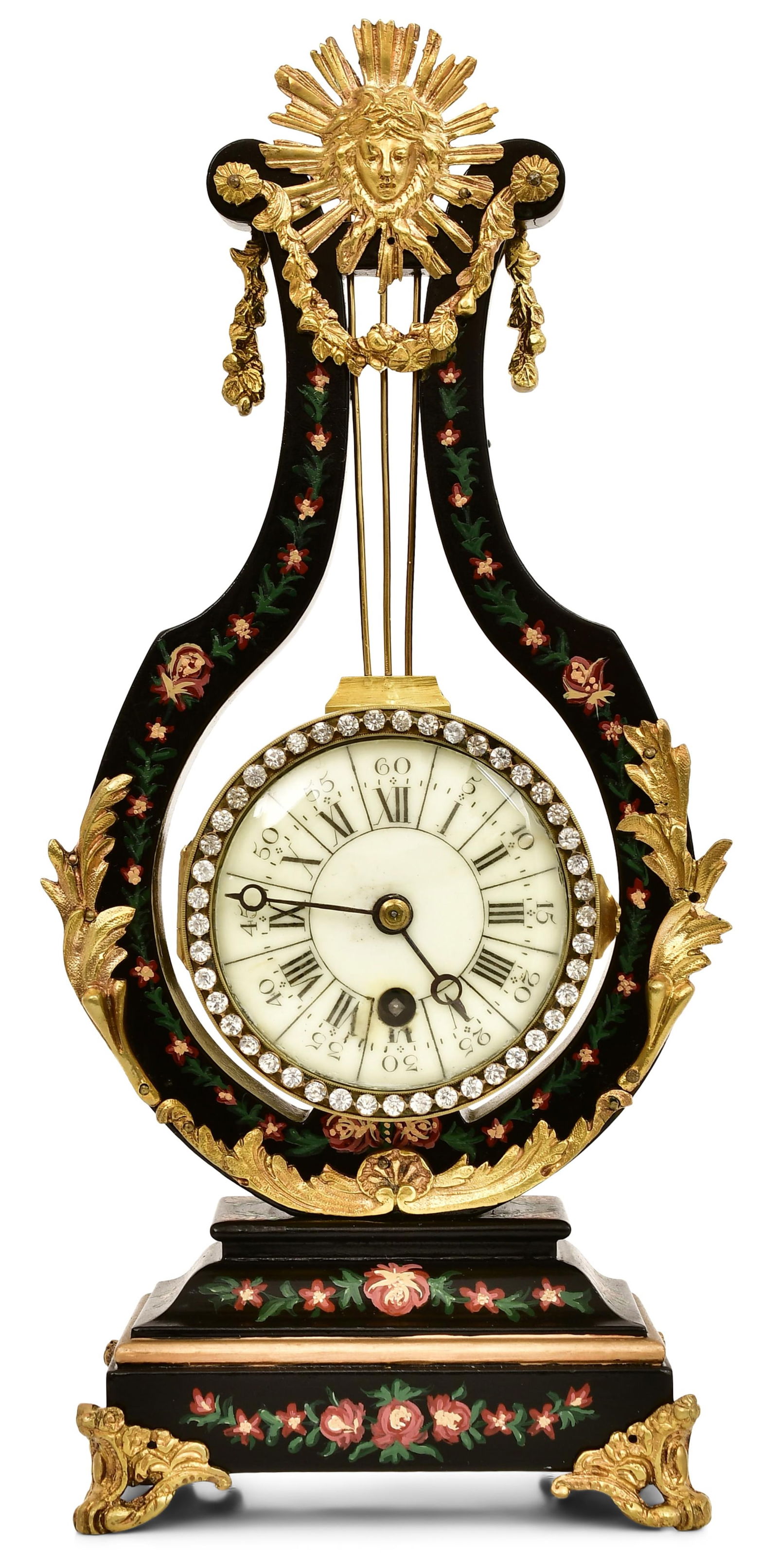 French Gilt Bronze-Mounted & Painted Wood Lyre Clock (1 of 1)
