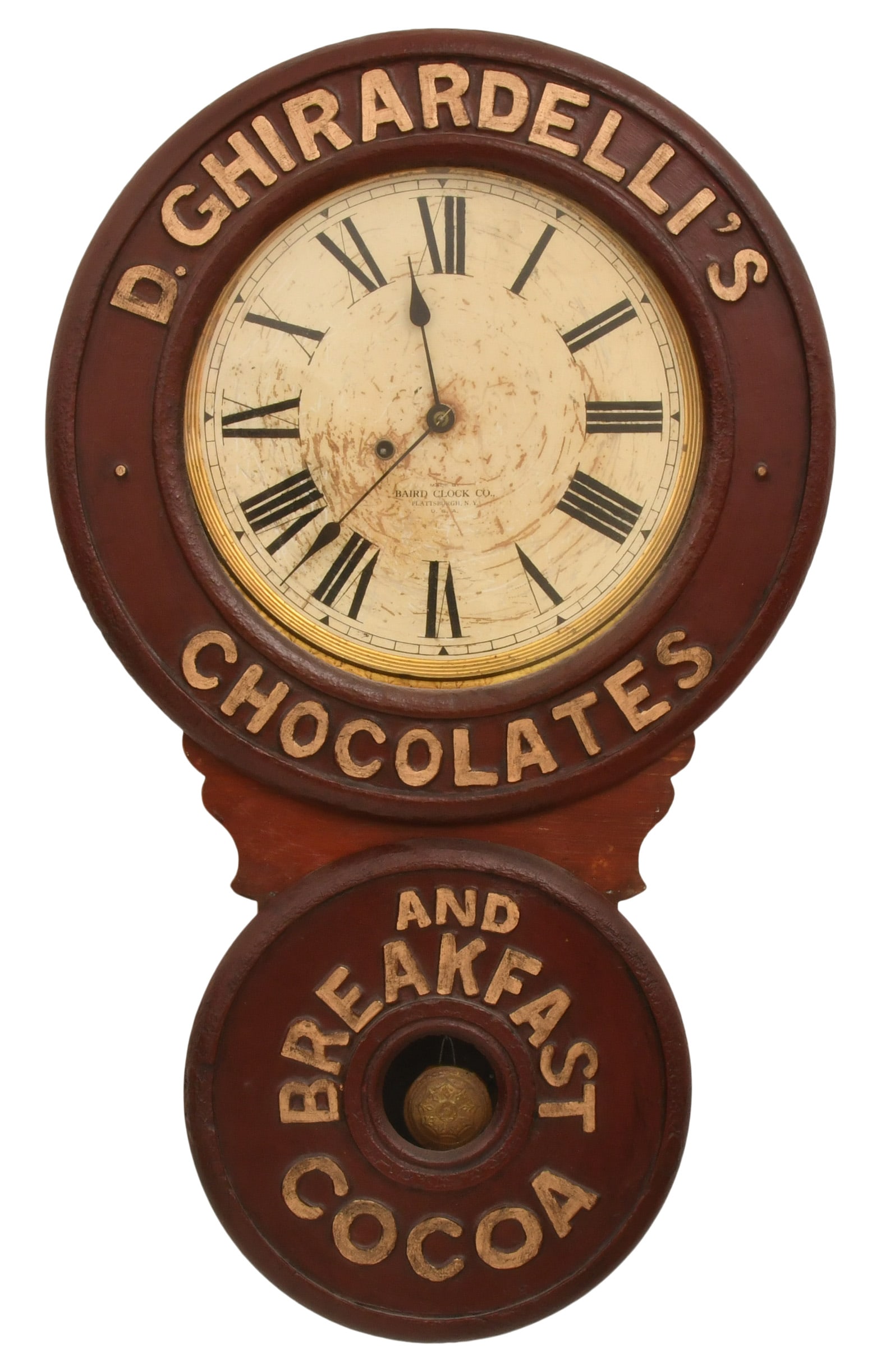 Baird Clock Co. "D. Ghiradelli's Chocolate" Advertising Wall Clock: Baird Clock Co. "D. Ghiradelli's Chocolate" Advertising Wall Clocklate 19th centurywood and paper mache case, 8-day time only spring driven movement by Seth Thomas, signed on the dial, interior label