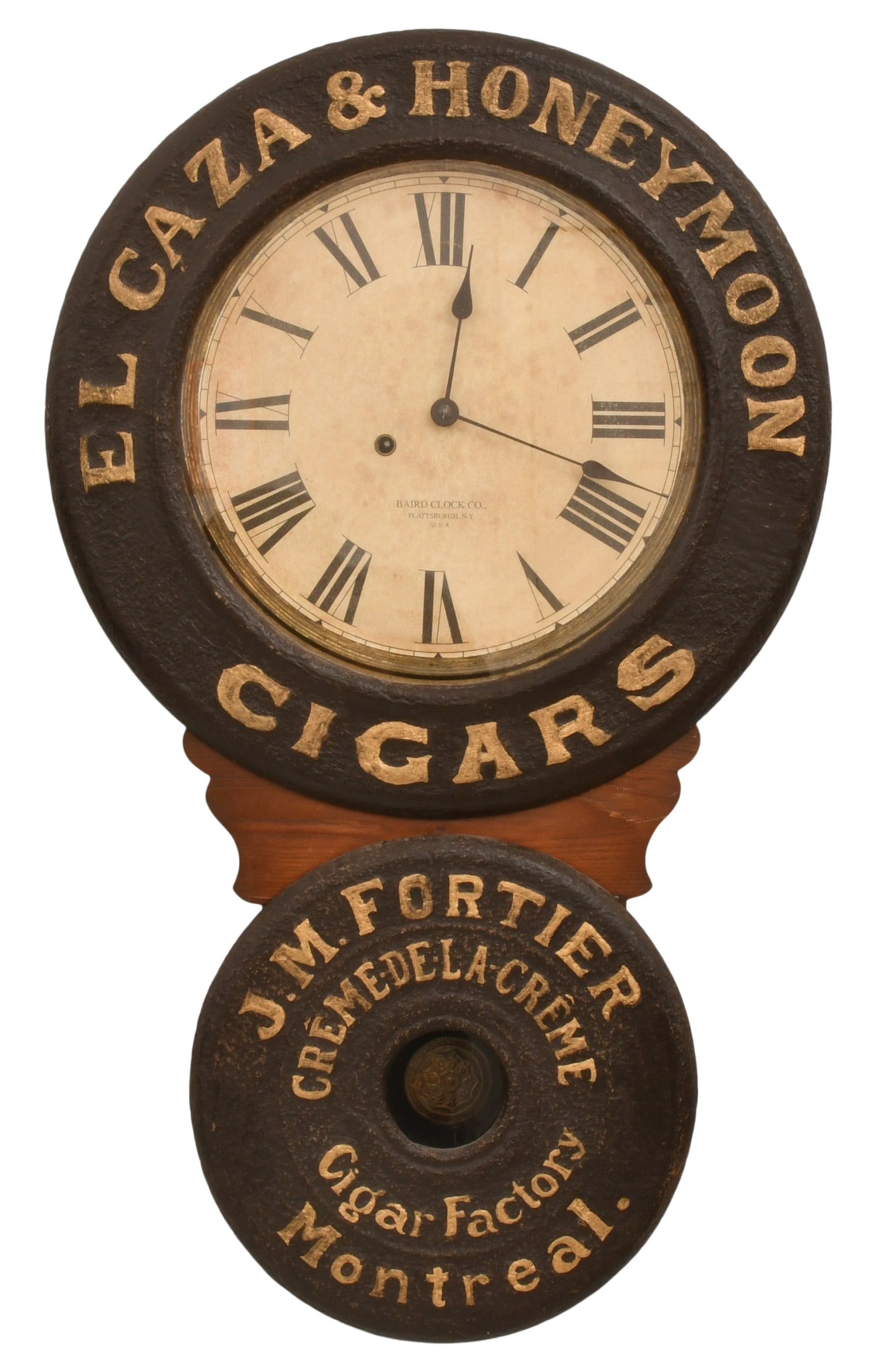 Baird Clock Co. "El Gaza & Honeymoon Cigars" Tobacco Advertising Wall Clock: Baird Clock Co. "El Gaza & Honeymoon Cigars" Tobacco Advertising Wall Clocklate 19th centurywood and paper mache case, 8-day time only spring driven movement by Seth Thomas, signed on the dial and mov