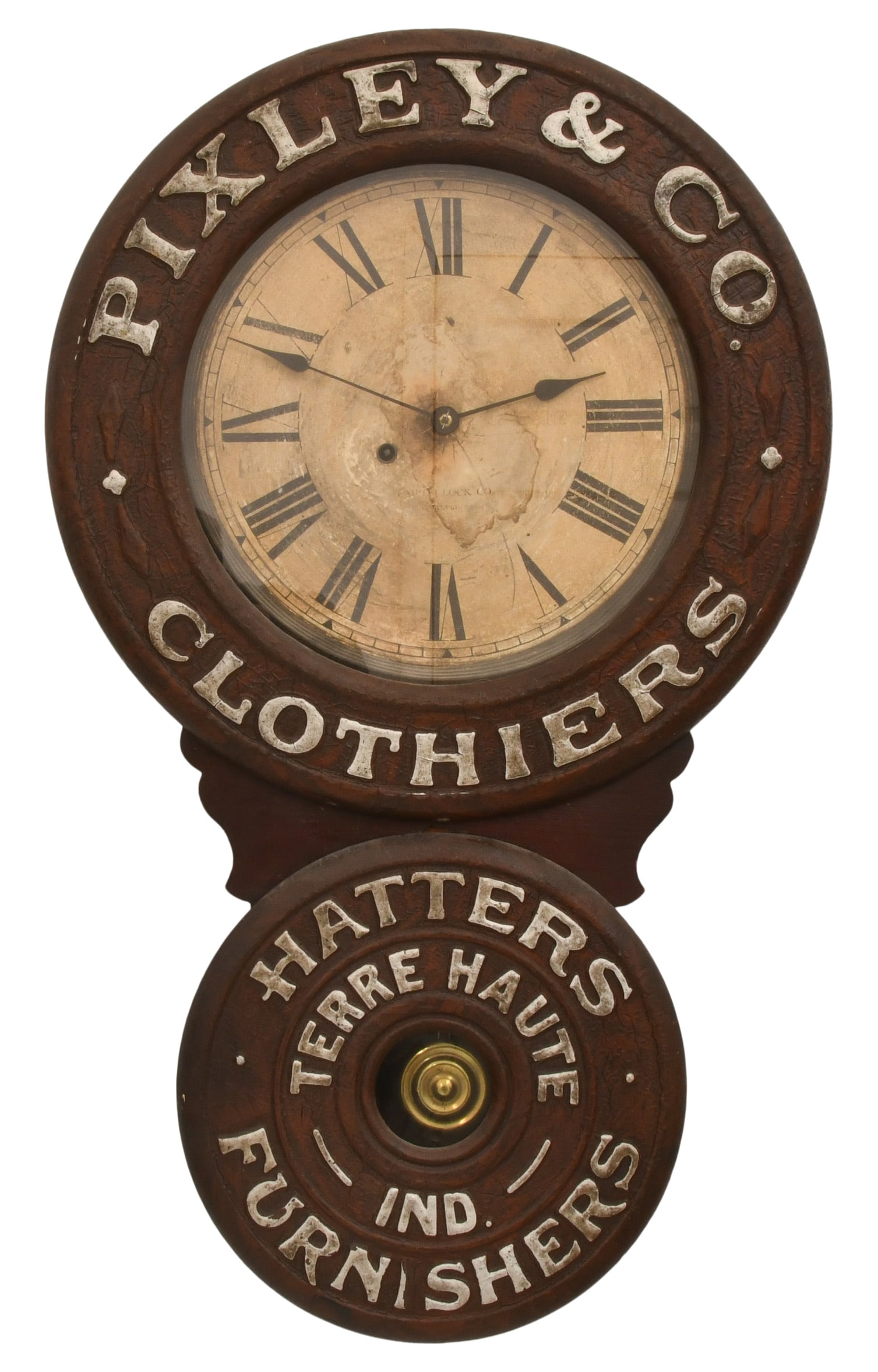 Baird Clock Co. "Pixley Clothiers" Advertising Wall Clock: Baird Clock Co. "Pixley Clothiers" Advertising Wall Clocklate 19th centurywood and paper mache case, 8-day time only spring driven movement by Seth Thomas, signed on the dial, interior label and movem