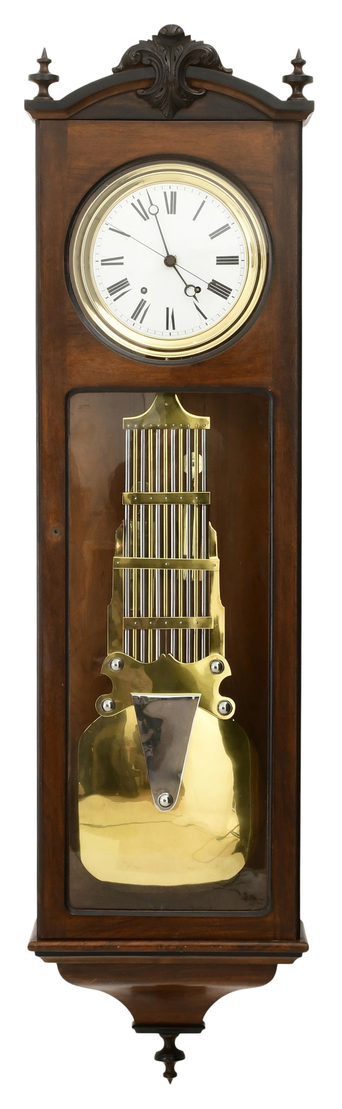 French Walnut-Cased Morbier Strike Pinwheel Regulator: French Walnut-Cased Morbier Strike Pinwheel Regulatorlate 19th centurywalnut case with acanthus carved crest, morbier strike (strikes twice) weight-driven movement with bell strike, pinwheel escapemen