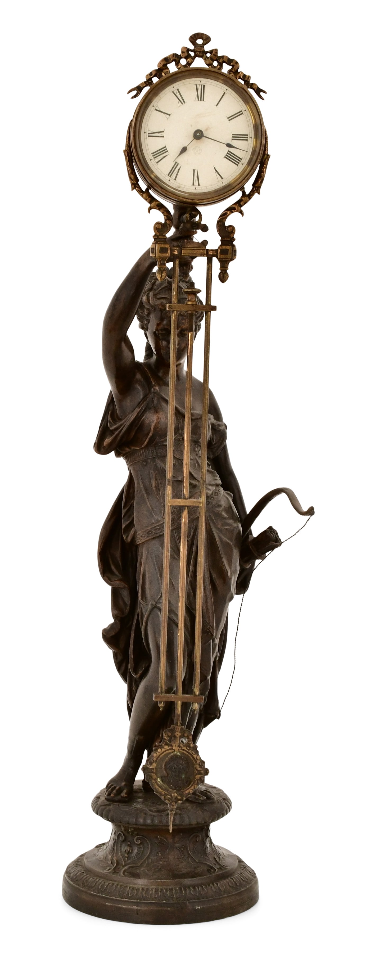 Ansonia Clock Co. "Huntress" Swinging Clock: Ansonia Clock Co. "Huntress" Swinging Clockcirca 1901modeled as a figure of Diana the Huntress, brass 8-day time-only movement with compound pendulum, signed on the dial29 1/2 x 8 1/2 x 12 inches