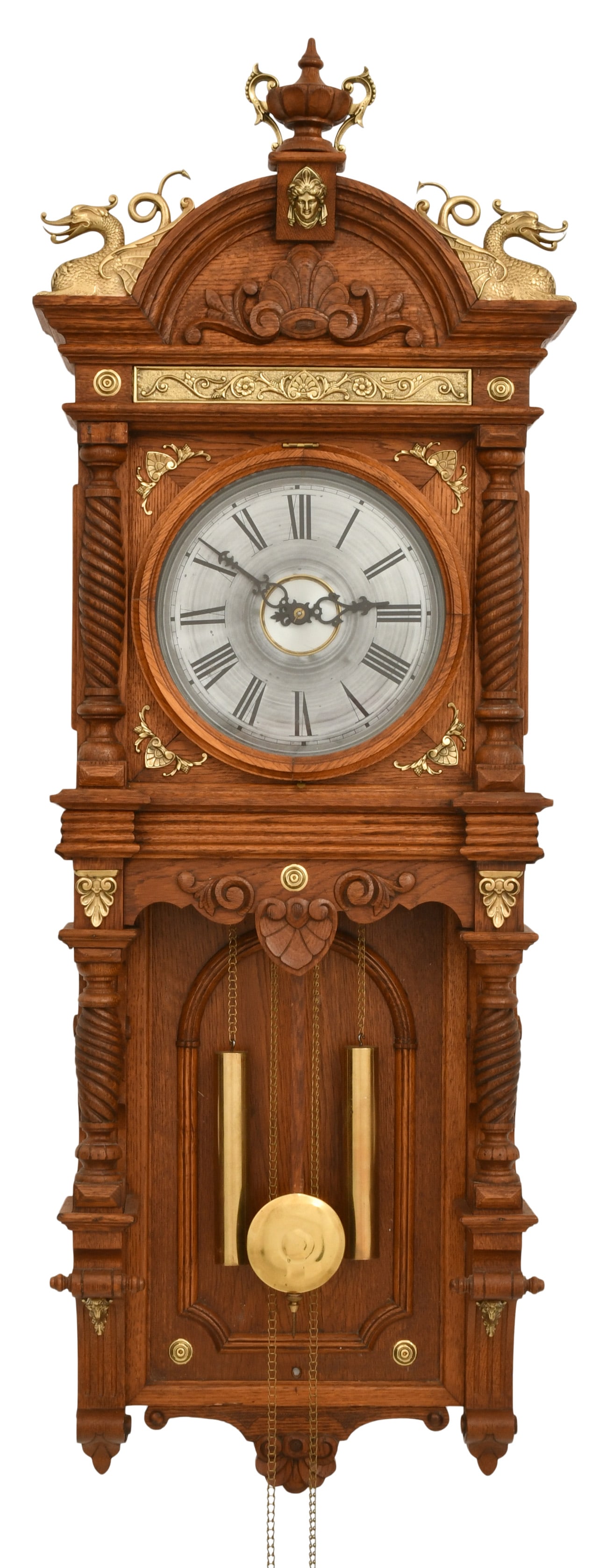 Waterbury Clock Co. "Augusta" Wall Regulator Clock: Waterbury Clock Co. "Augusta" Wall Regulator Clockcirca 1893the oak case with gilt brass mounts, 8-day weight driven time and strike movement, movement signed "Waterbury Clock Co.," signed label on re