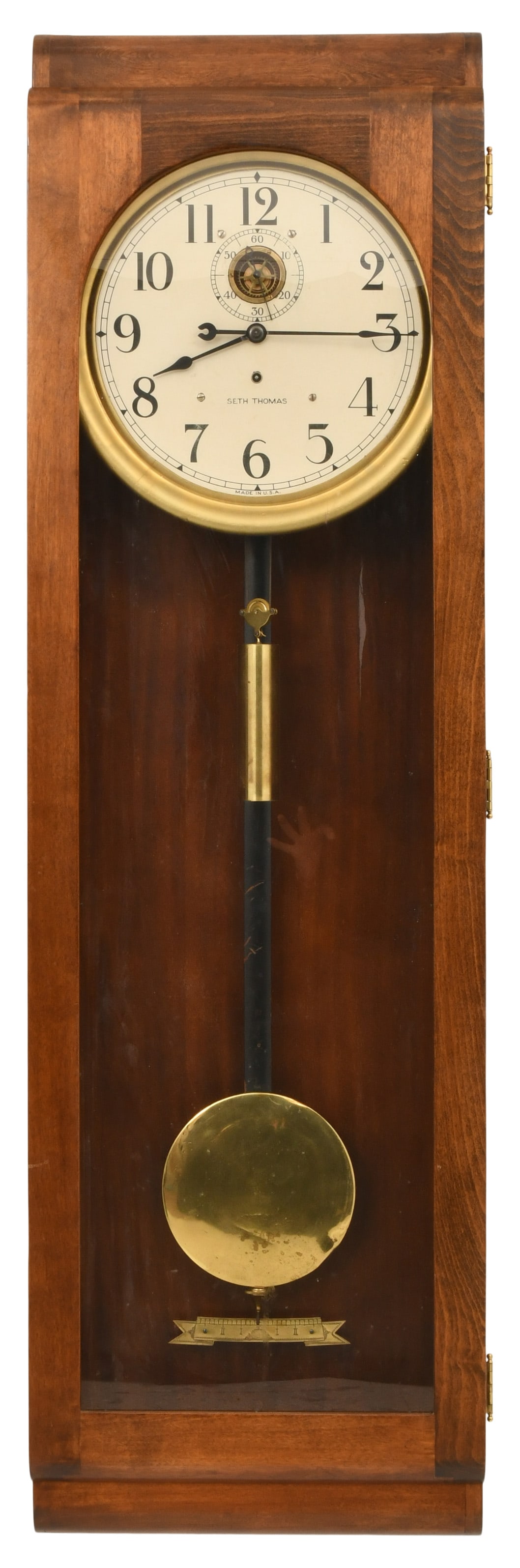 Seth Thomas "Regulator No. 71" Wall Clock: Seth Thomas "Regulator No. 71" Wall Clockcirca 1939cherry case, 8-day brass weight driven time only movement with maintaining power and deadbeat escapement, dial signed "Seth Thomas"61 x 18 x 7 1/2 in