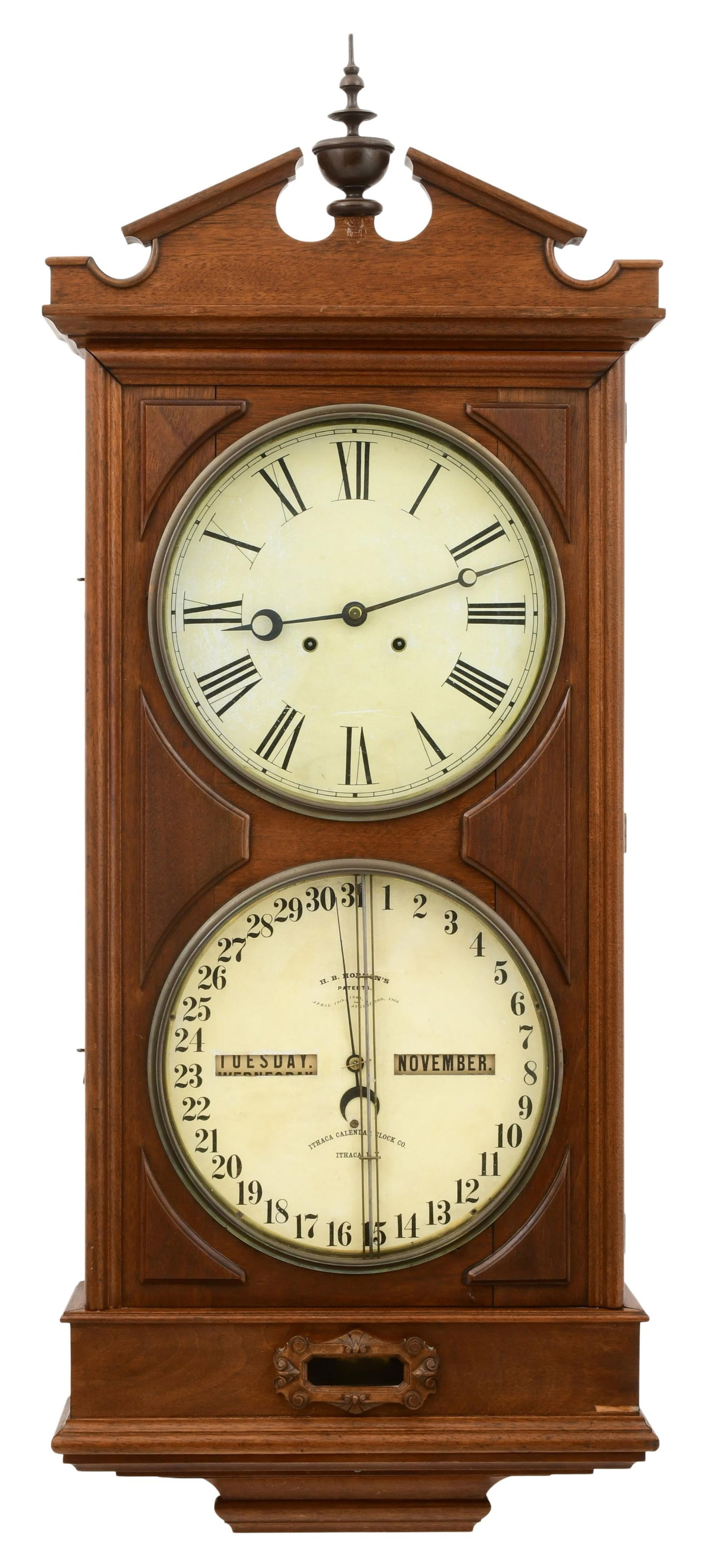 Ithaca Calendar Clock Co. "No. 2 Regulator" Hanging Bank Clock: Ithaca Calendar Clock Co. "No. 2 Regulator" Hanging Bank Clockcirca 1880'swalnut case, 8-day time-only weight-driven movement, dial marked "Ithaca Calendar Clock Co., H.B. Horton's Patent"47 x 19 x 6