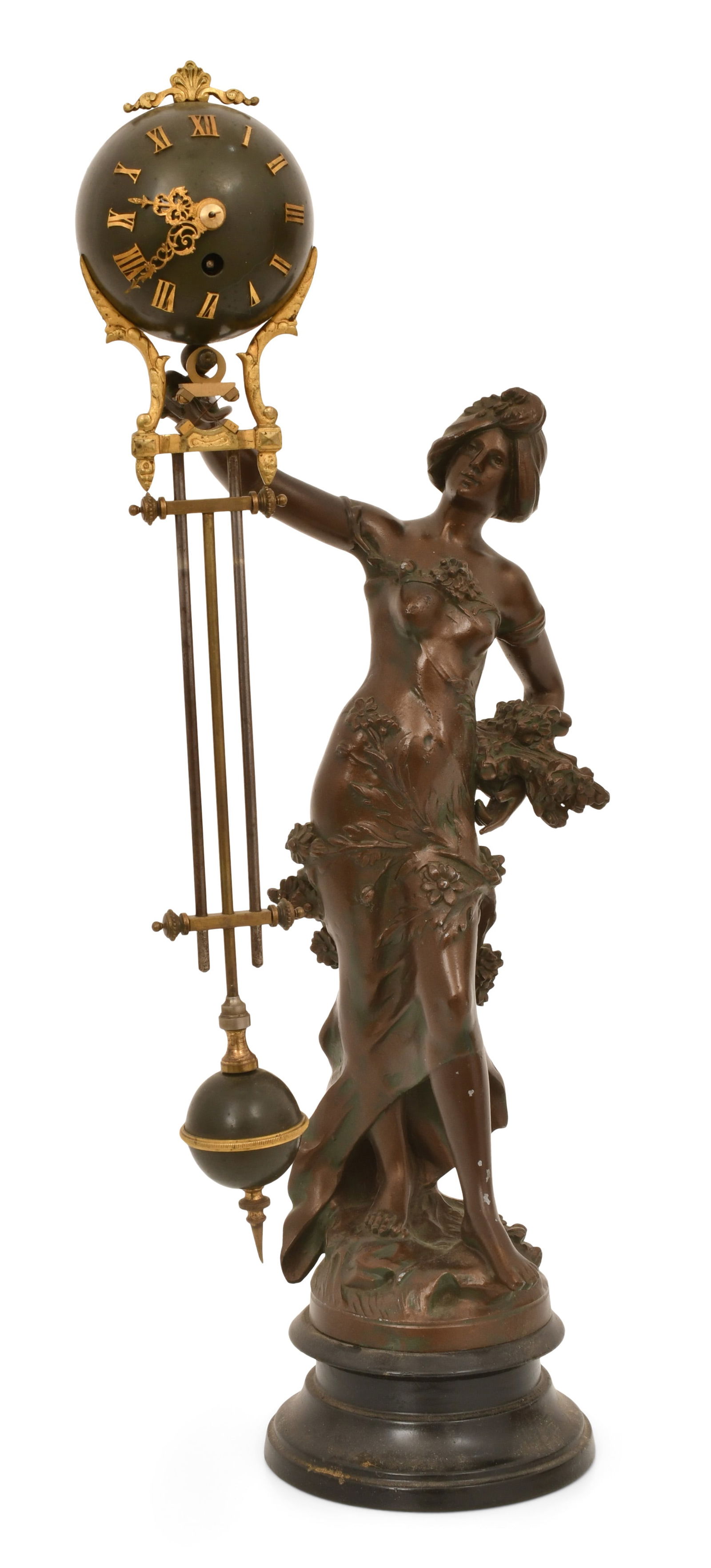 Auguste Moreau (French, 1834-1917), Swinging Mystery Clock: Auguste Moreau (French, 1834-1917), Swinging Mystery Clockearly 20th centurythe spelter figure of a woman with flowers surmounted on an iron base, 8-day spring driven compound pendulum movement enclos