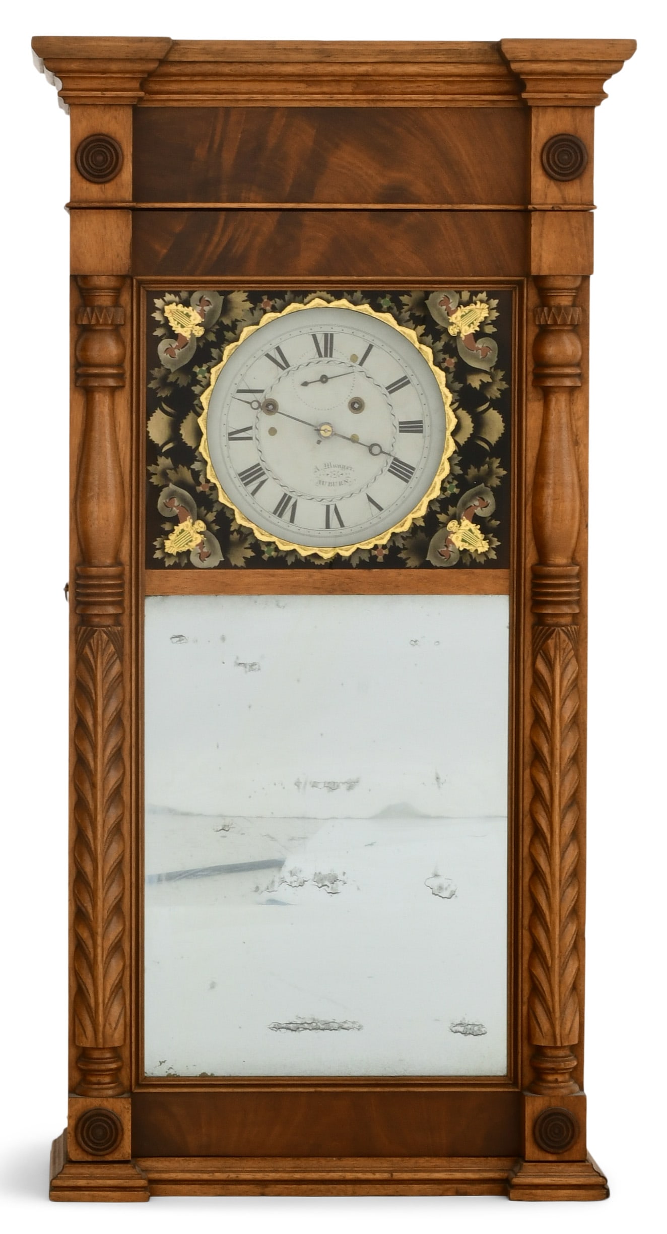Asa Munger Mahogany Shelf Clock, Auburn, New York: Asa Munger Mahogany Shelf Clock, Auburn, New Yorkmid-19th centurymahogany case with carved half-columns, mirror and reverse painted dial mask, 8-day time and rack strike movement, dial signed "A. Mung