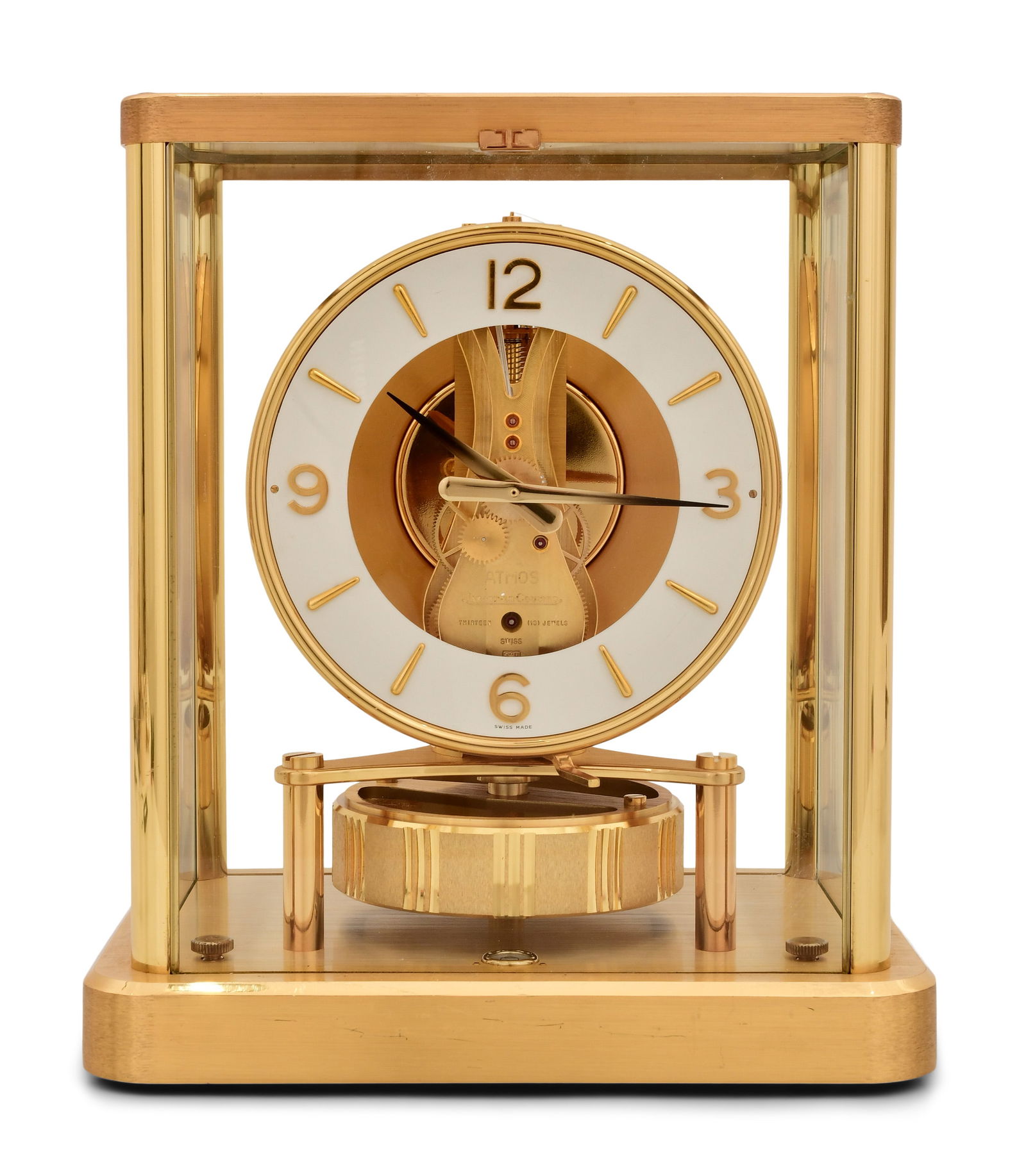 Jaeger-LeCoultre Atmos Clock, Caliber 540: Jaeger-LeCoultre Atmos Clock, Caliber 540circa 1990'sglass paneled case with gold plated brass frame and base, 15-jewel movement powered by a atmospheric bellows, marked "Jaeger-LeCoultre / Swiss Made