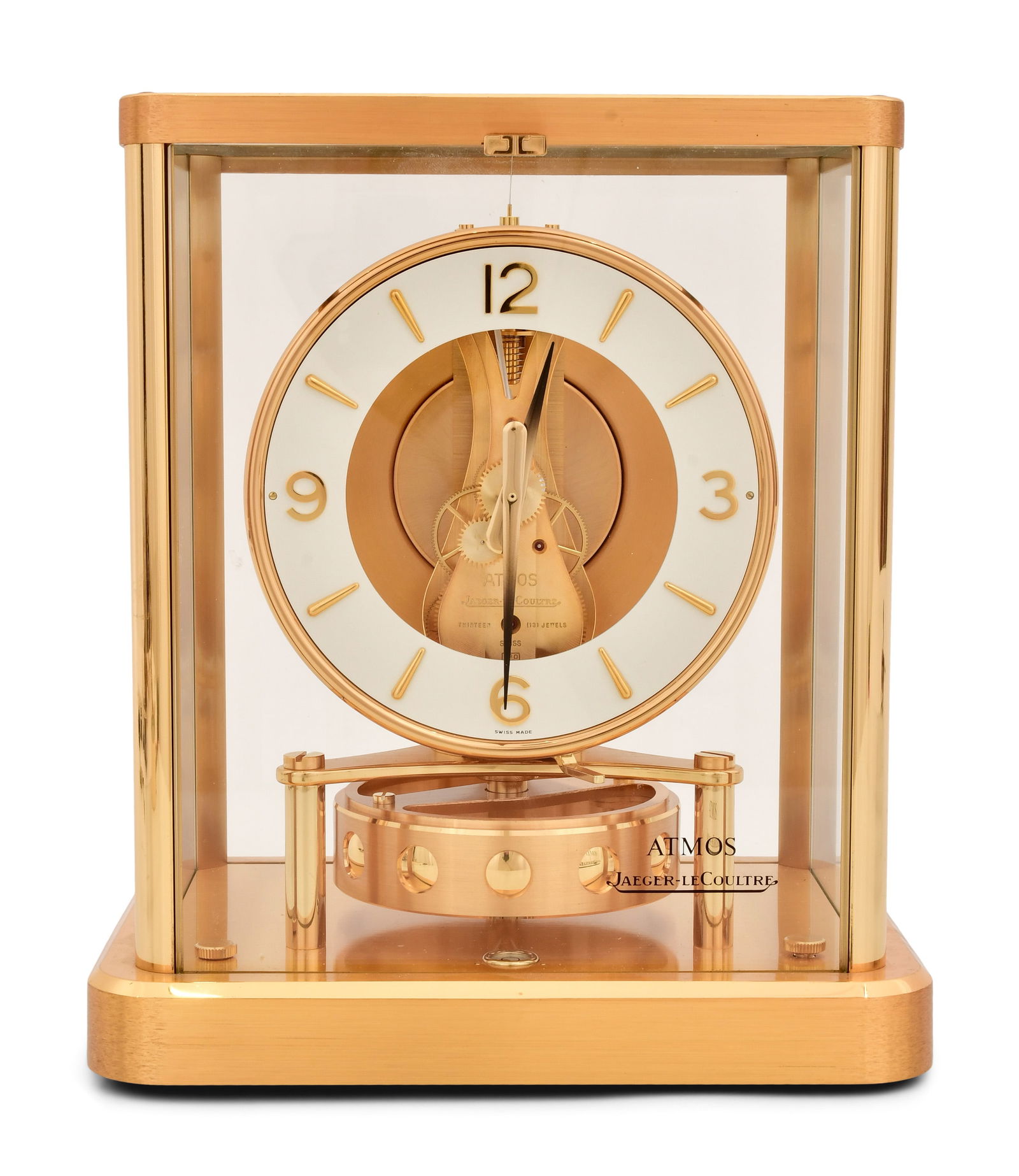 Jaeger-LeCoultre Atmos Clock, Caliber 540: Jaeger-LeCoultre Atmos Clock, Caliber 540circa 1990'sglass paneled case with gold plated brass frame and base, 15-jewel movement powered by a atmospheric bellows, marked "Jaeger-LeCoultre / Swiss Made