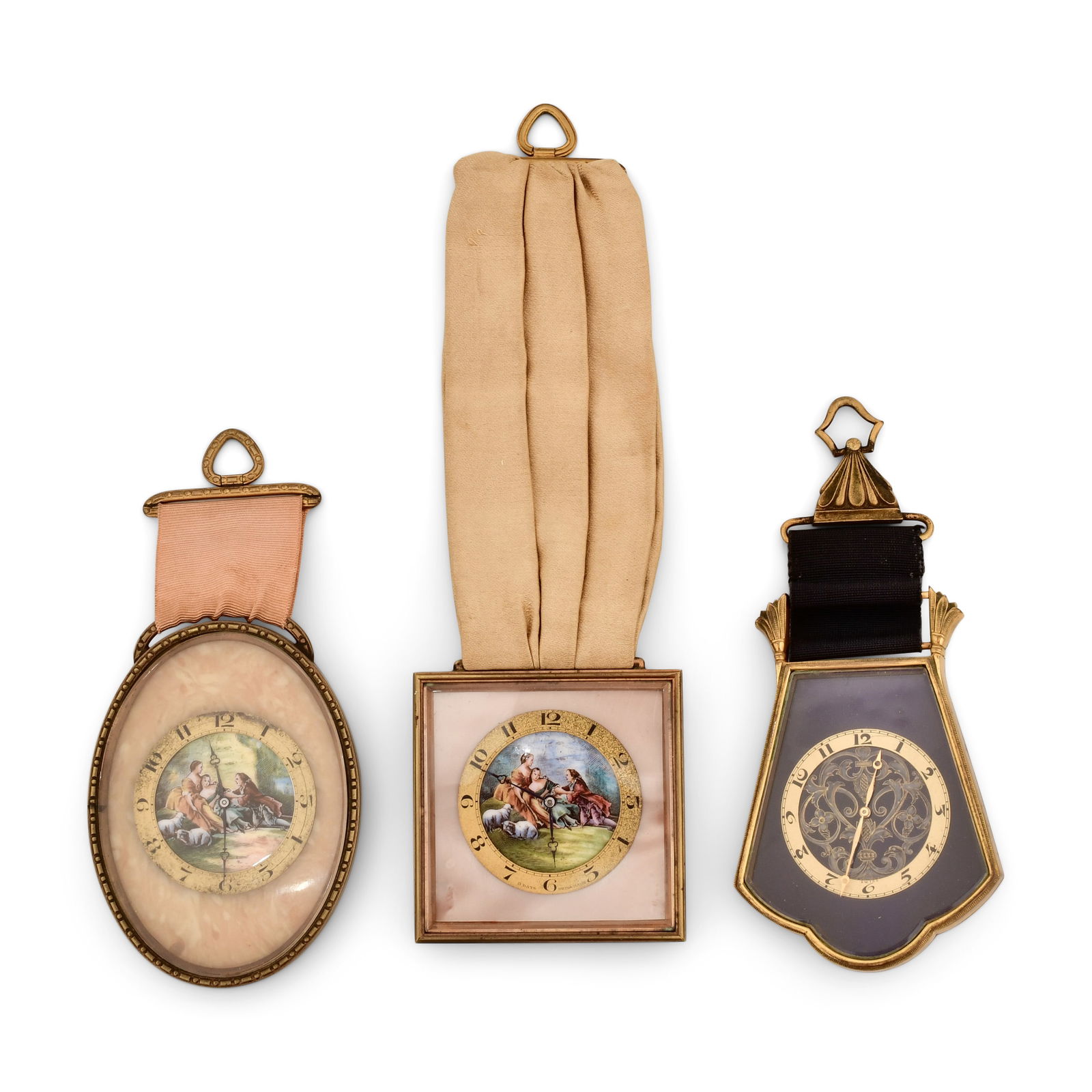 Three Hanging Swiss Clocks: Three Hanging Swiss Clocks1. Oval gilt frame with painted classical figures, 8-day brass time only movement, signed "Didisheim Goldschmidt Fils & Co" on the reverse, very good condition, functions pro