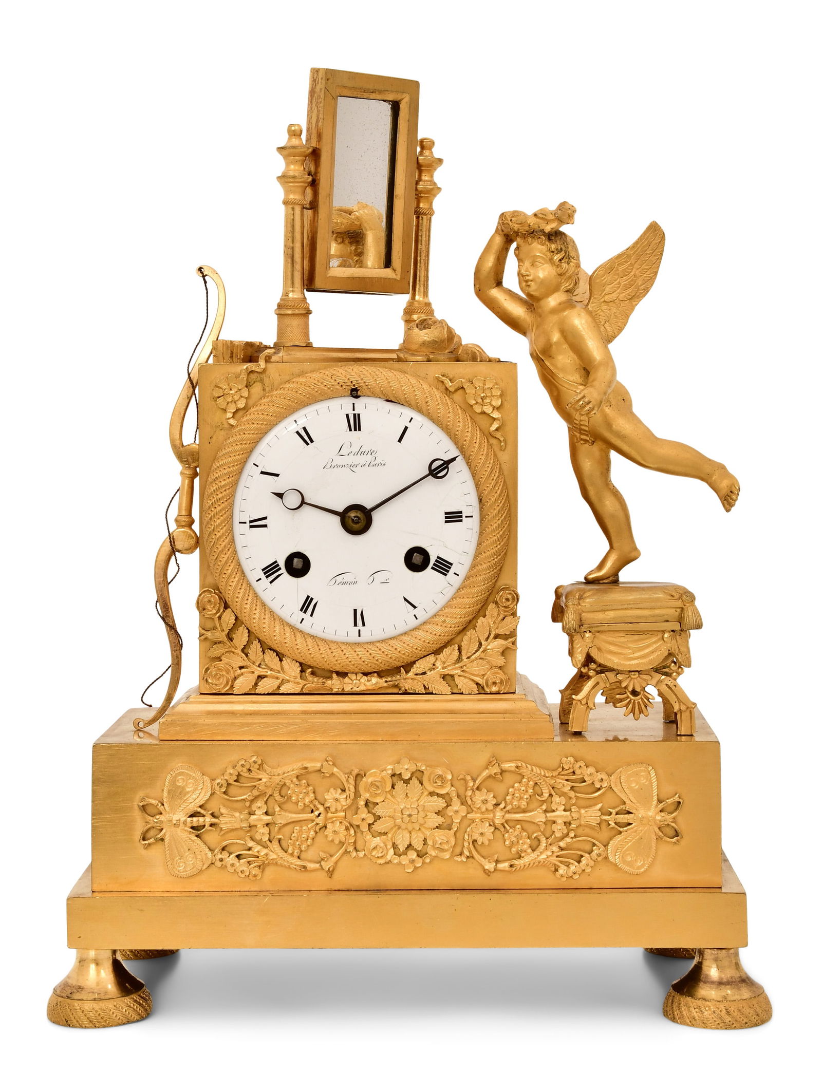 Pierre-Victor Ledure (French, 1783-1840), Empire Gilt Bronze Mantel Clock: Pierre-Victor Ledure (French, 1783-1840), Empire Gilt Bronze Mantel Clockearly 19th centurysurmounted by cupid standing on a stool and looking into a mirror, French ebauche 8-day brass time and strike