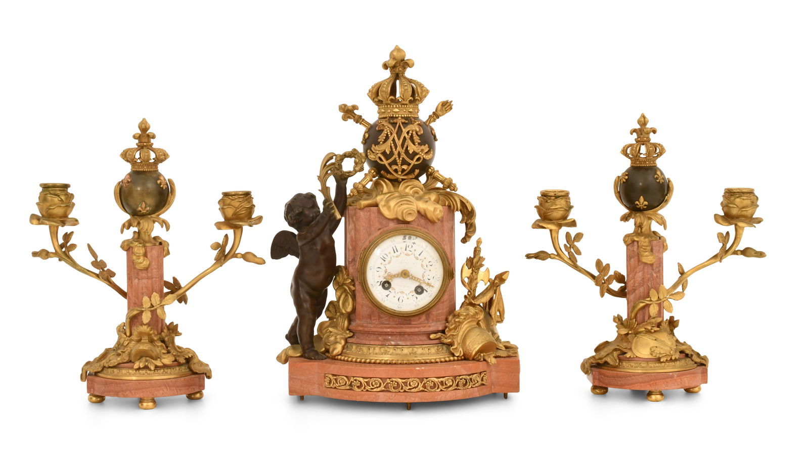 French Gilt Bronze & Marble Figural Clock Garniture: French Gilt Bronze & Marble Figural Clock Garniturelate 19th centurythe case with a cherub and crown, together with two matching candelabra, French ebauche 8-day brass time and strike spring driven mo