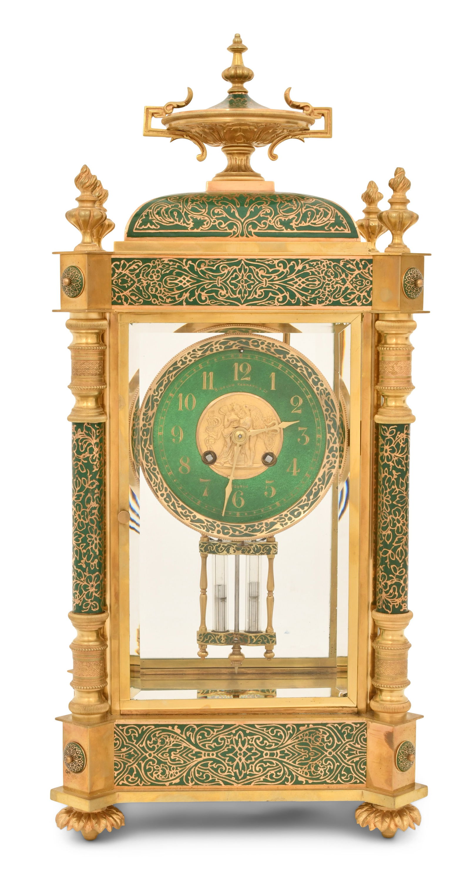 Bigelow, Kennard & Co. Champleve & Brass Crystal Regulator Clock: Bigelow, Kennard & Co. Champleve & Brass Crystal Regulator Clockcirca 1900the brass case decorated with champleve panels and columns with painted porcelain dial and real mercury pendulum, French ebauc