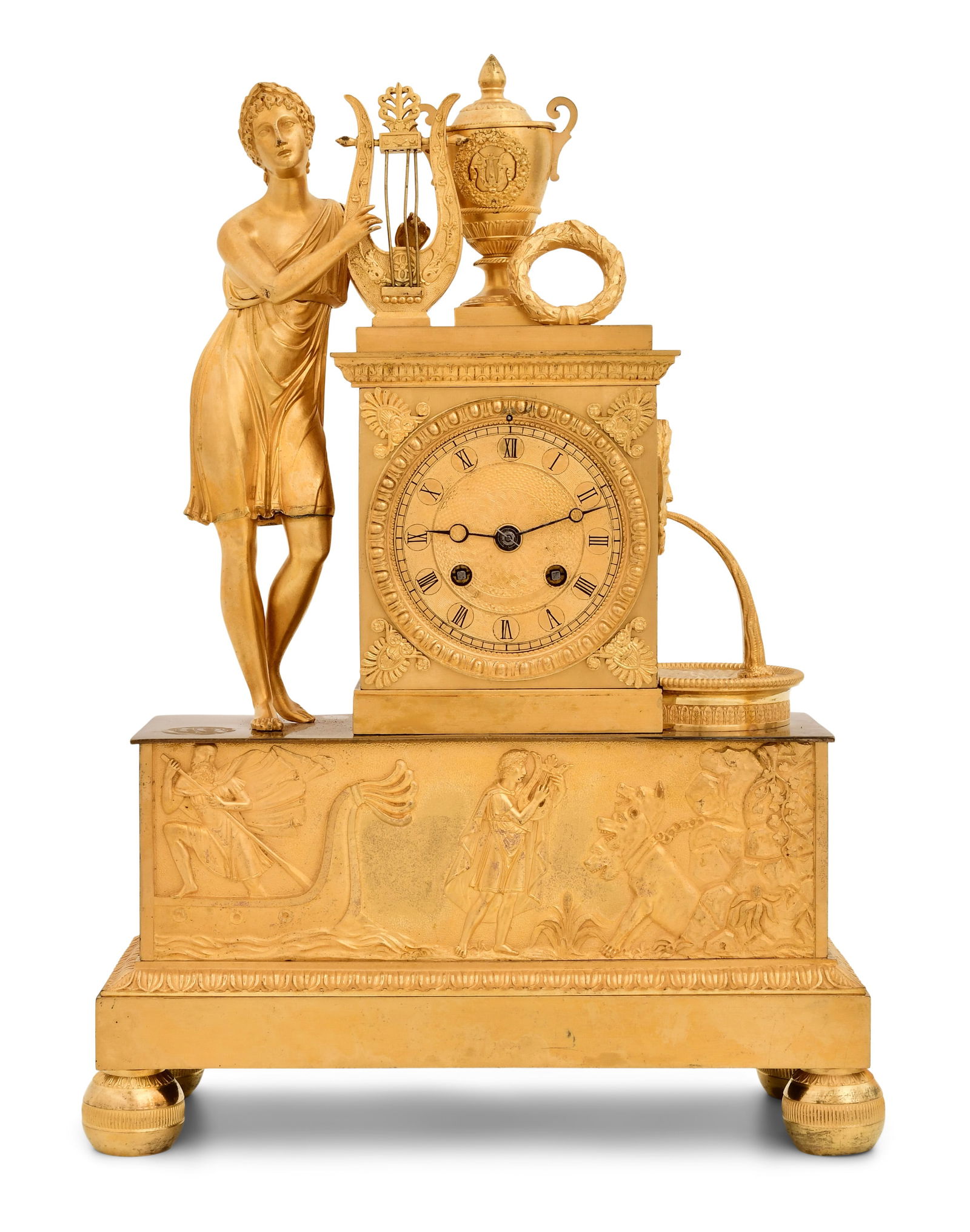 French Empire Gilt Bronze Figural Mantel Clock: French Empire Gilt Bronze Figural Mantel Clockearly 19th centurythe classical figure of a woman holding a harp next to an urn, French ebauche 8-day brass spring driven time and strike movement with si