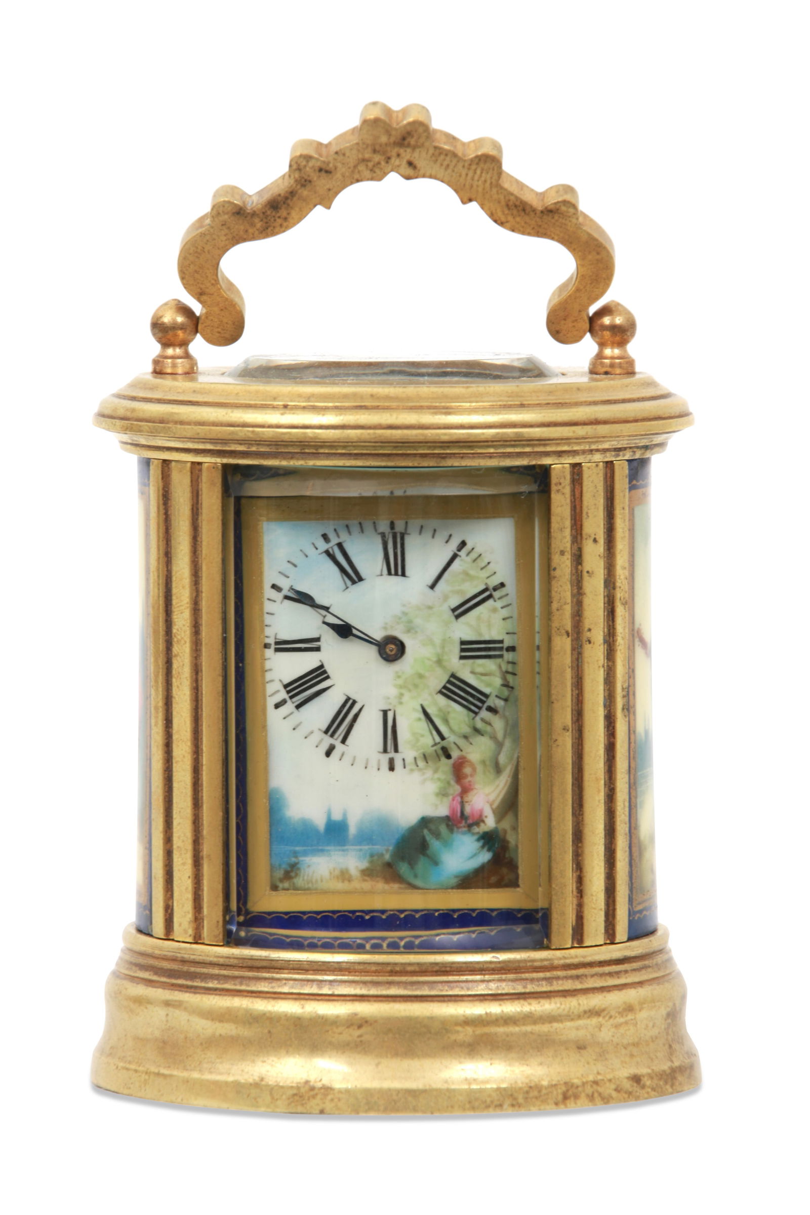 French Miniature Porcelain & Brass Carriage Clock: French Miniature Porcelain & Brass Carriage Clocklate 19th centurythe clock with an oval brass case with hinged handle, scenic hand painted curved porcelain panels on the sides and rear door, the porc