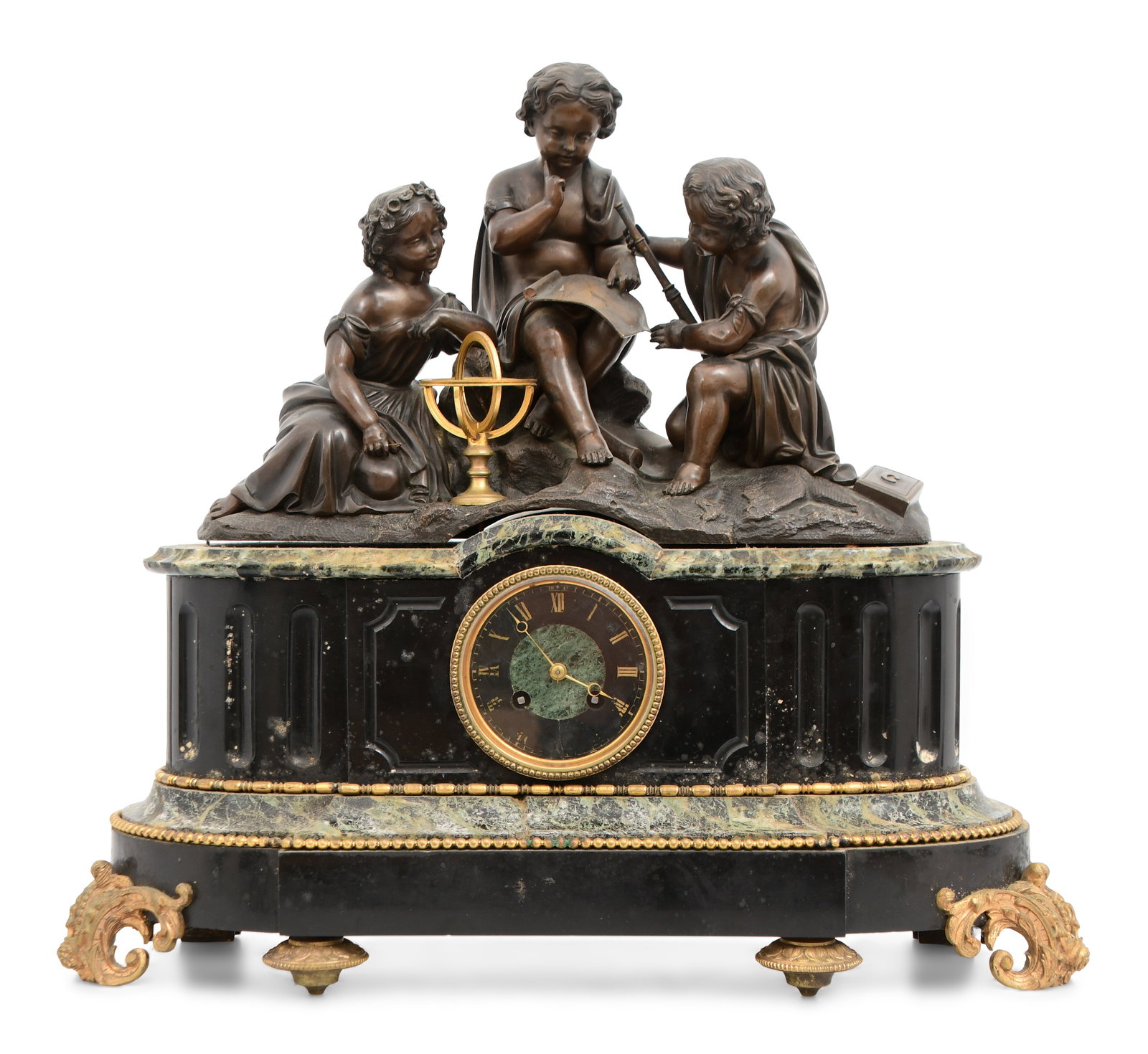 French Bronze & Marble Figural Mantel Clock: French Bronze & Marble Figural Mantel Clocklate 19th centurythe clock surmounted by three seated figures, 8-day time and strike movement, signed "S. Marti & Cie"18 x 20 x 7 inches