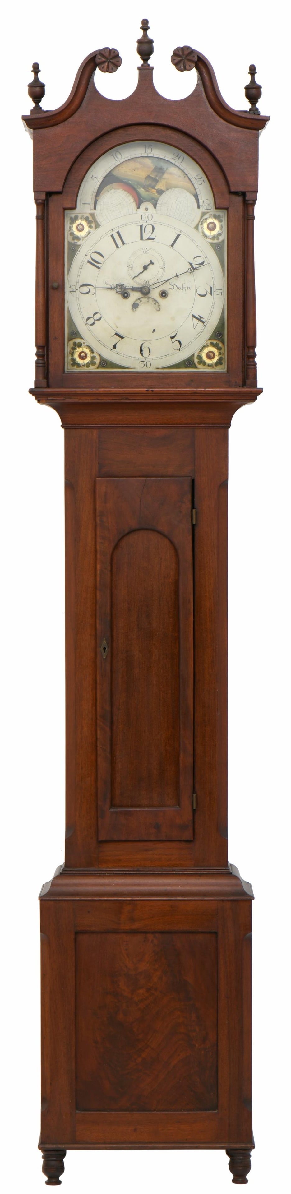 Henry Hahn Tall Case Clock, Reading, Pennsylvania: Henry Hahn Tall Case Clock, Reading, Pennsylvaniaearly 18th centurythe walnut case with broken arch crest, 8-day time and bell strike movement, dial signed "Henry Hahn"98 x 18 x 10 inches