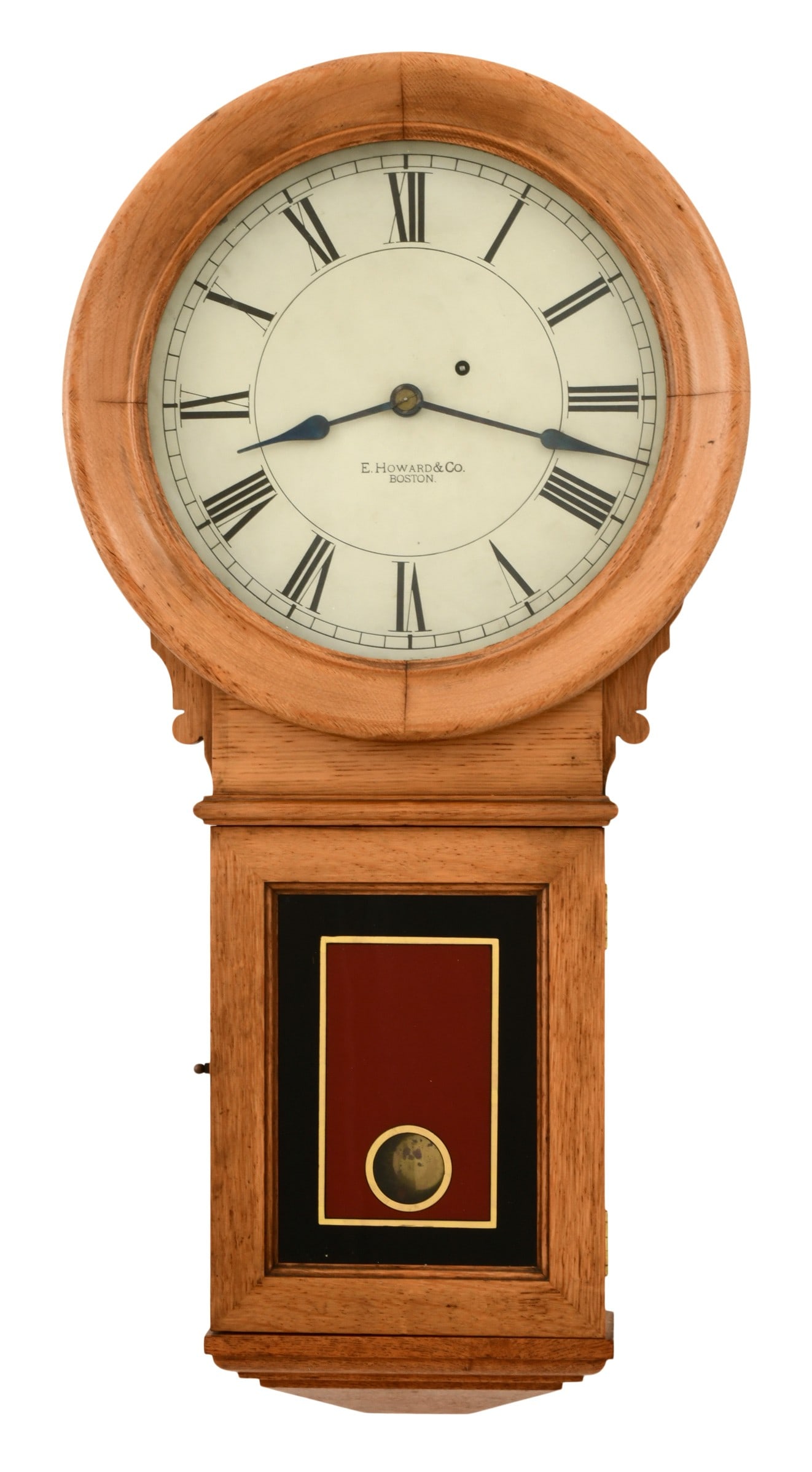 E. Howard & Co. "No. 70 Regulator" Wall Clock: E. Howard & Co. "No. 70 Regulator" Wall Clocklate 19th centuryoak case with painted glass tablet, 8-day weight driven time only movement with recoil escapement, dial and movement marked "E. Howard & C