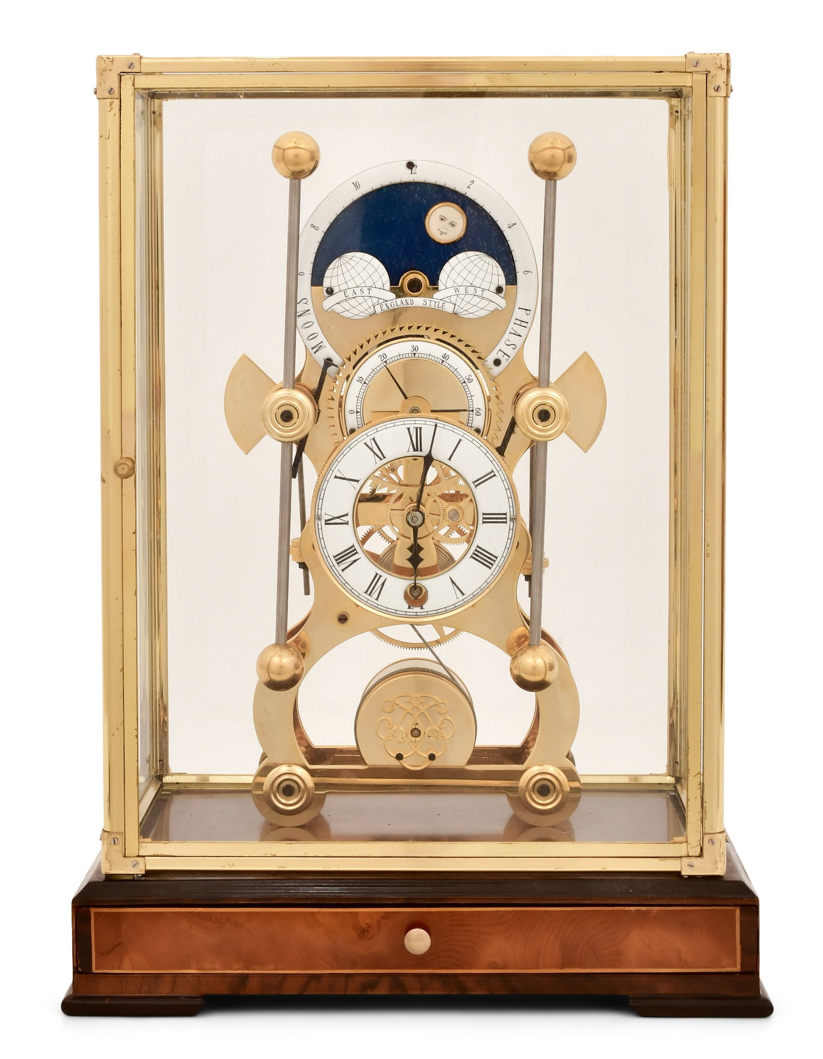 Replica Harrison Grasshopper Skeleton Clock: Replica Harrison Grasshopper Skeleton Clock20th centurywith a highly polished quality grained walnut and maple platform base with single drawer holding the key, square glass dome with gold trim, singl