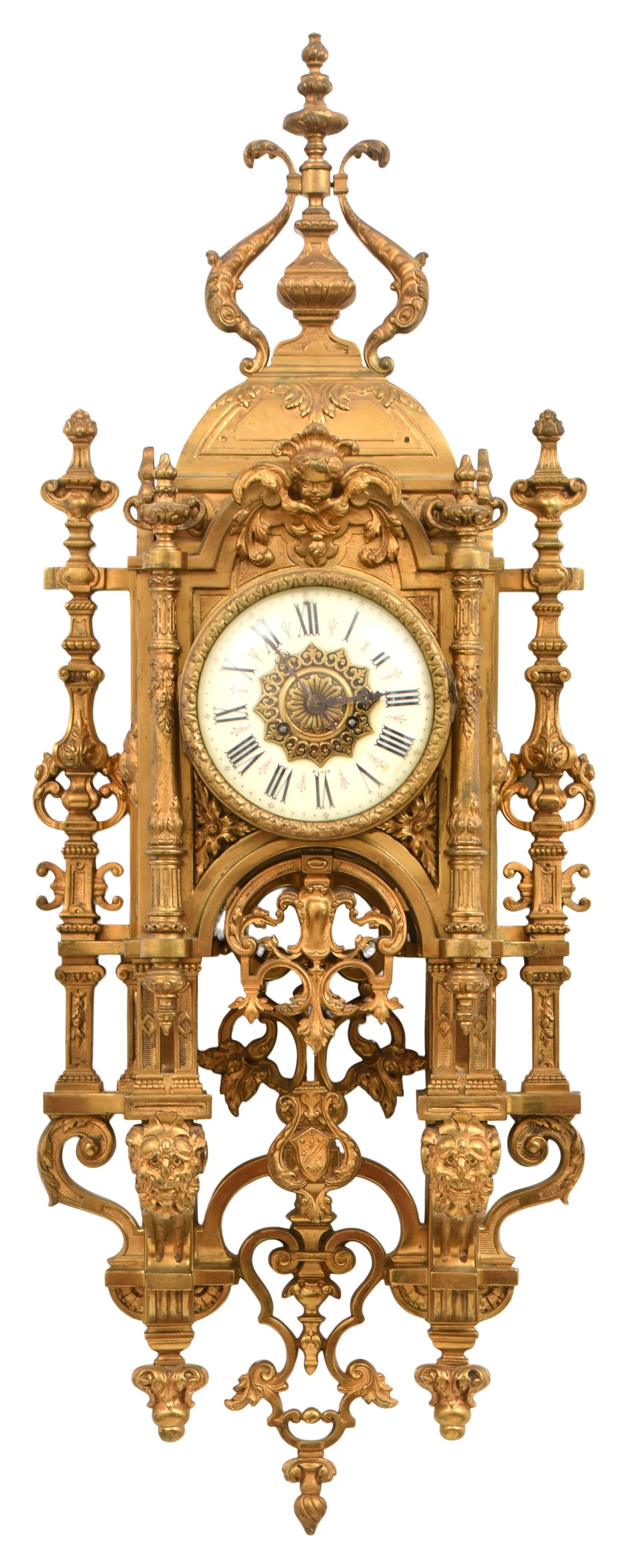Large French Gilt Bronze Cartel Clock: Large French Gilt Bronze Cartel Clocklate 19th centurythe elaborate case with figural motifs, scrollwork, foliate and a coat of arms, 8-day time and bell strike movement, dial signed "Paris"39 x 14 x