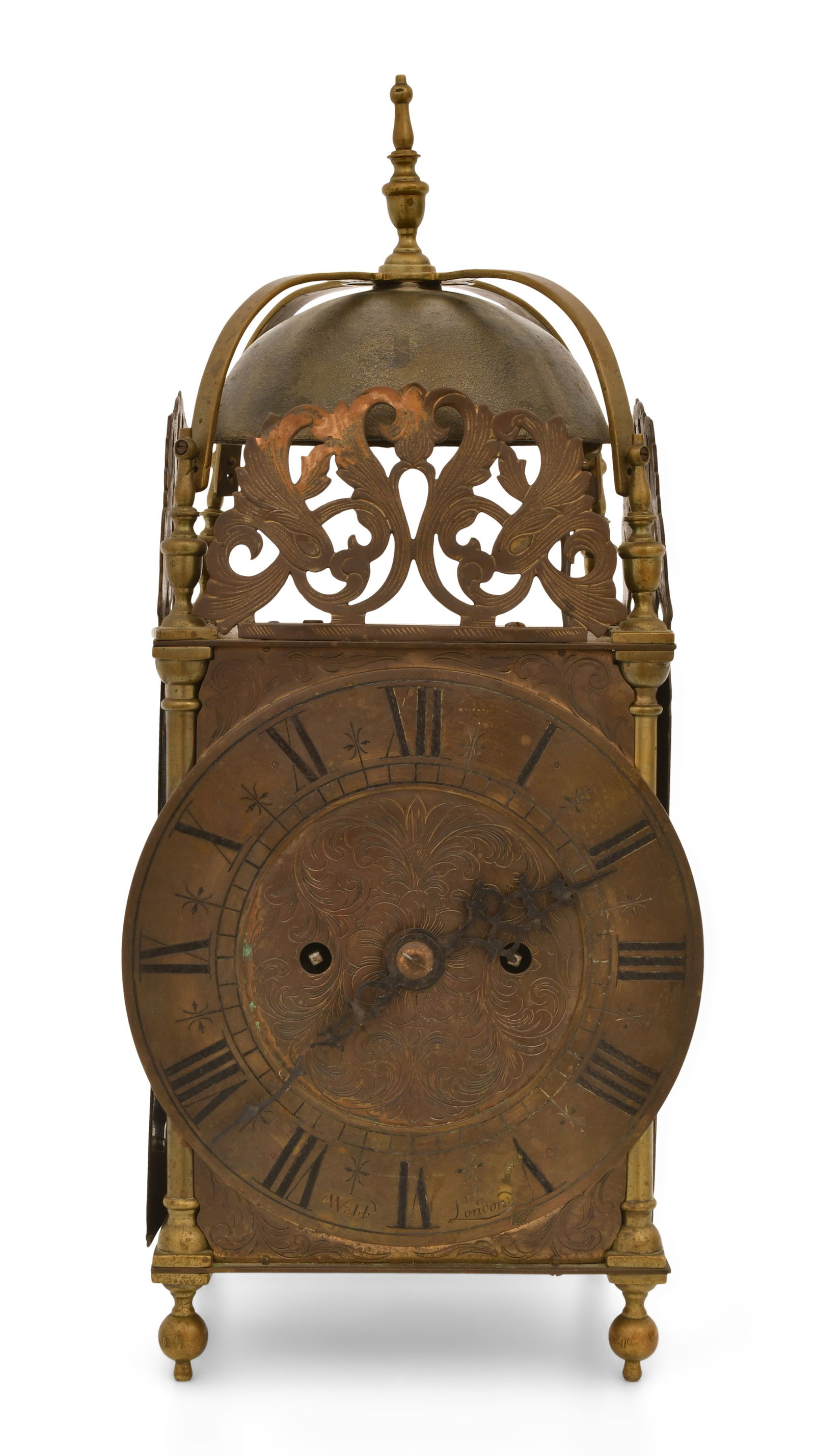Webb, London, English Double Fusee Lantern Clock: Webb, London, English Double Fusee Lantern Clocklate 19th centurythe brass case with open-work floral motifs, 8-day double fusee brass movement,16 3/4 x 6 1/2 x 6 1/2 inches