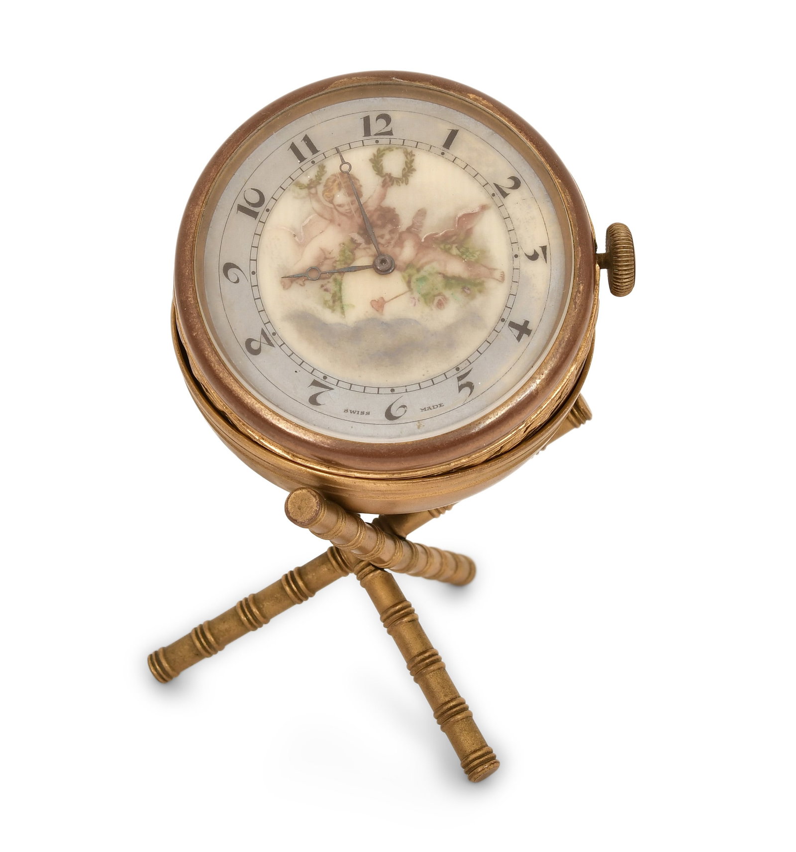 Didisheim-Goldschmidt Fils & Co. Musical Ball Clock with Stand: Didisheim-Goldschmidt Fils & Co. Musical Ball Clock with Standmid-20th centurybrass ball clock with painted porcelain dial and tripod stand, 8-day brass spring driven time only, movement with a music