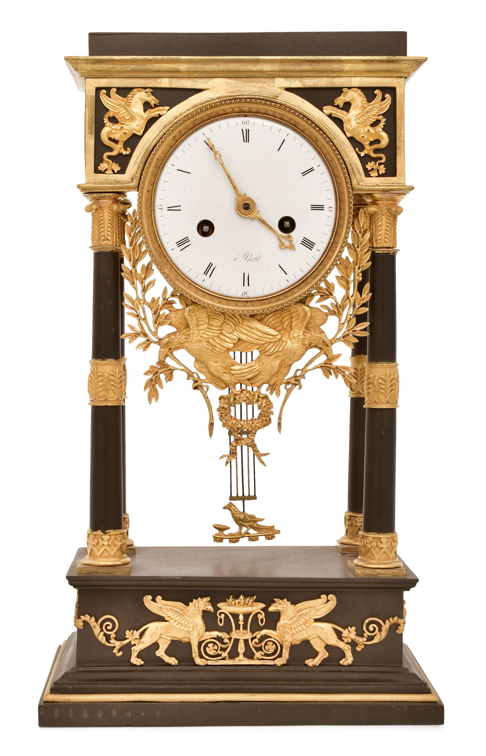 French Empire Gilt & Patinated Bronze Portico Clock: French Empire Gilt & Patinated Bronze Portico Clockearly 19th centurypatinated bronze case with gilt mountings, French ebauche 8-day brass spring driven time and strike movement with silk thread suspe
