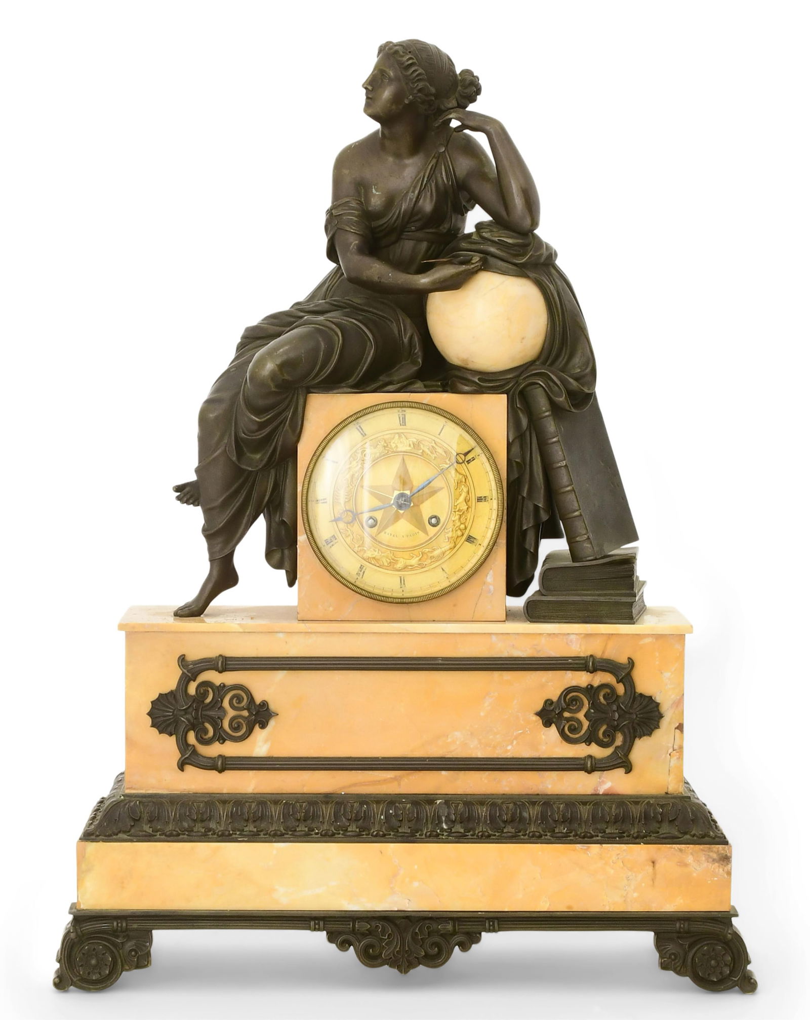 French Empire Bronze & Marble Figural Mantel Clock, Ratel A Paris: French Empire Bronze & Marble Figural Mantel Clock, Ratel A Parisearly 19th centurythe clock surmounted by a classical woman and books, French ebauche 8-day time and strike spring-driven movement with