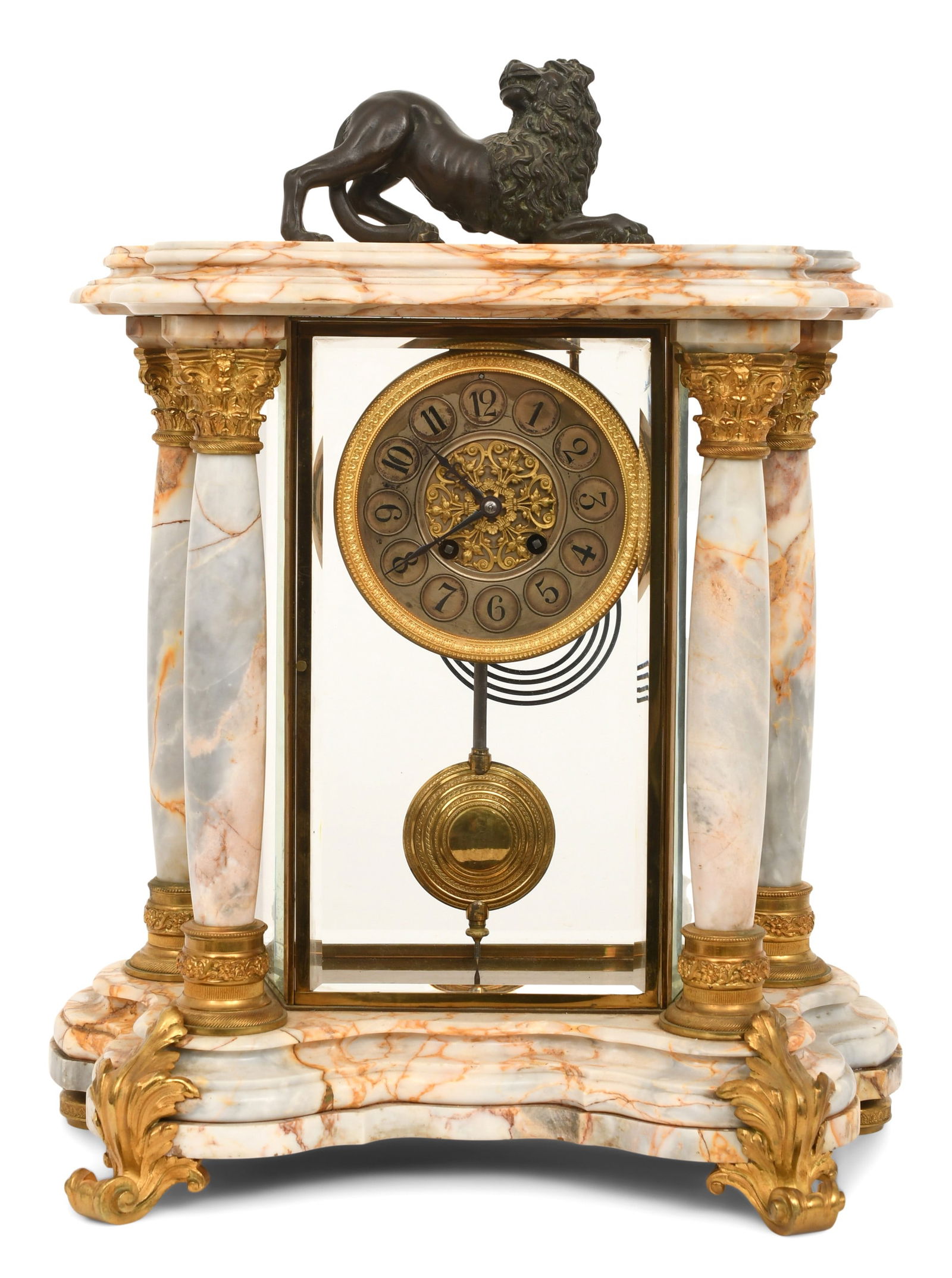French Gilt Bronze-Mounted Marble Crystal Regulator Clock: French Gilt Bronze-Mounted Marble Crystal Regulator Clockearly 20th centurythe marble case with four columns and gilt bronze mounts, surmounted by a patinated bronze lion, brass 8-day spring-driven ti
