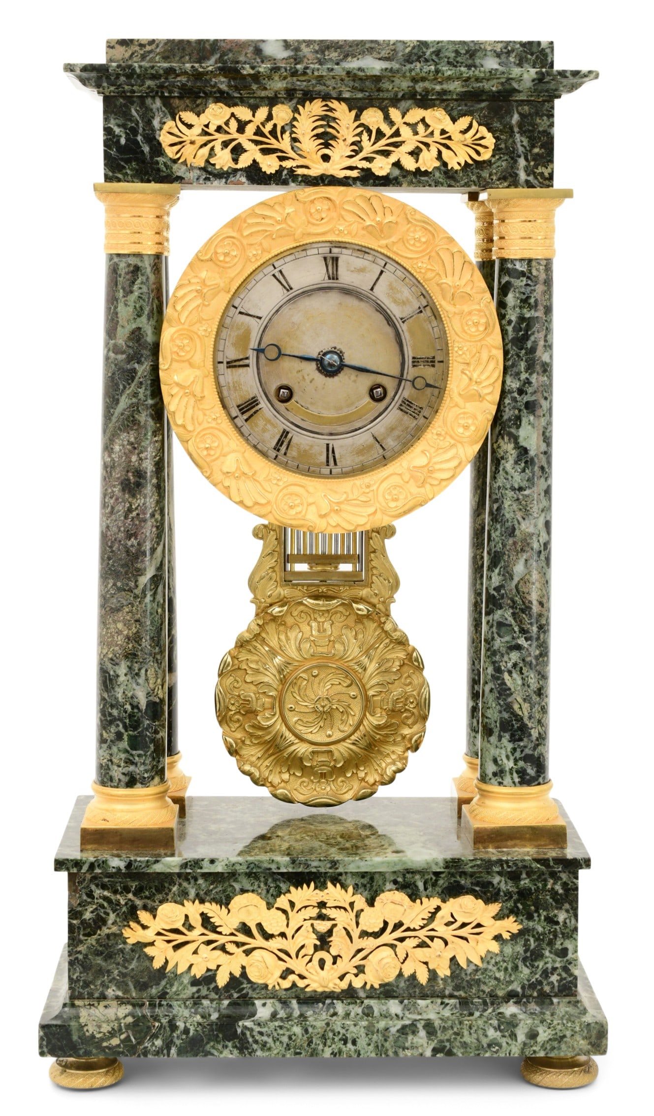 French Gilt Bronze & Marble Portico Clock: French Gilt Bronze & Marble Portico Clocklate 19th centurywith column supports surrounding a 4 1/2-inch silvered Roman dial, 8-day spring driven movement with a half hour strike on a bell, signed on t
