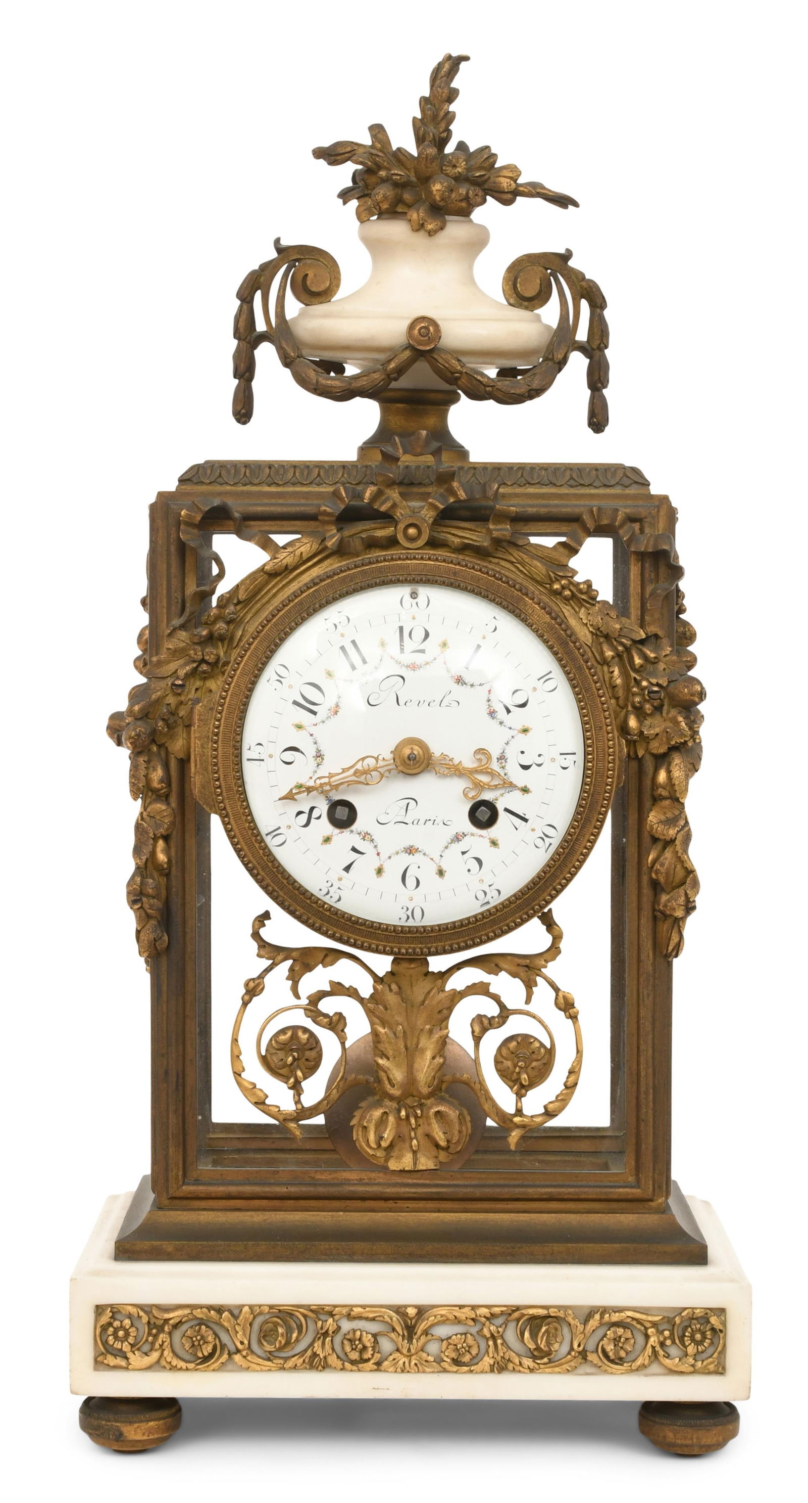 French Gilt Bronze & Marble Crystal Regulator Clock, Joseph Revel (1775-1828): French Gilt Bronze & Marble Crystal Regulator Clock, Joseph Revel (1775-1828)early 19th centurydecorated with fruit and ribbon garland with an urn finial, porcelain dial with fancy gilt hands and Arab