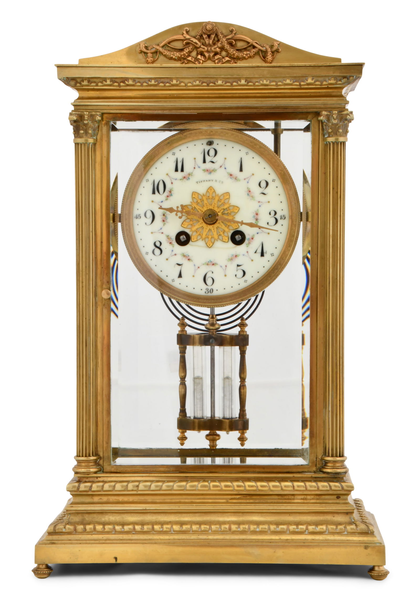 Tiffany & Co. Crystal Regulator Clock: Tiffany & Co. Crystal Regulator Clockearly 20th centurythe brass case with fluted columns, foliate and beveled glass, the 8-day time and strike movement with rack and snail strike and two barrel mercu