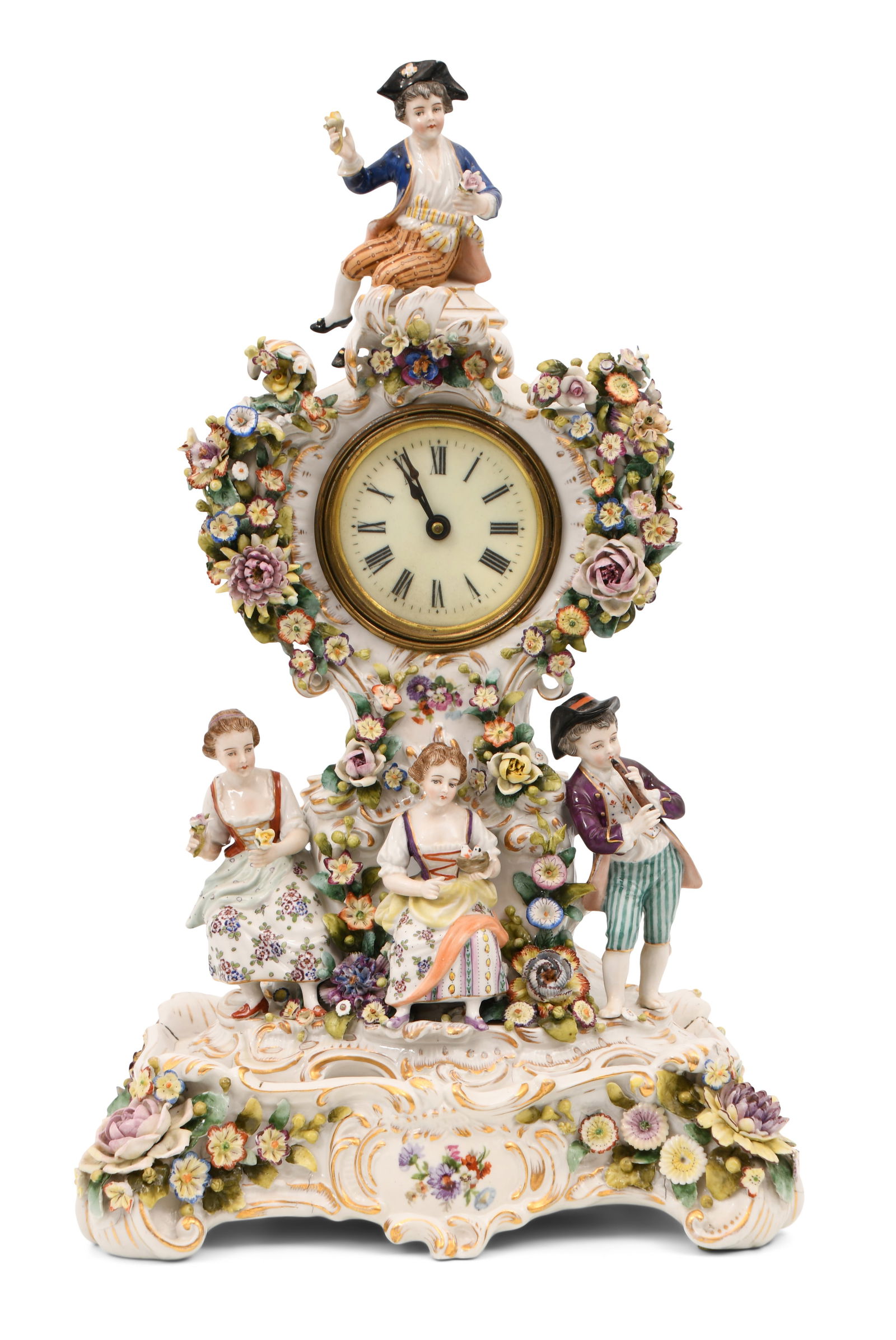 Royal Vienna Porcelain Figural Mantel Clock: Royal Vienna Porcelain Figural Mantel Clockearly 20th centurythe clock surmounted by a seated child above flowers and three other children, 30-hour time only movement with pin lever escapement, signed