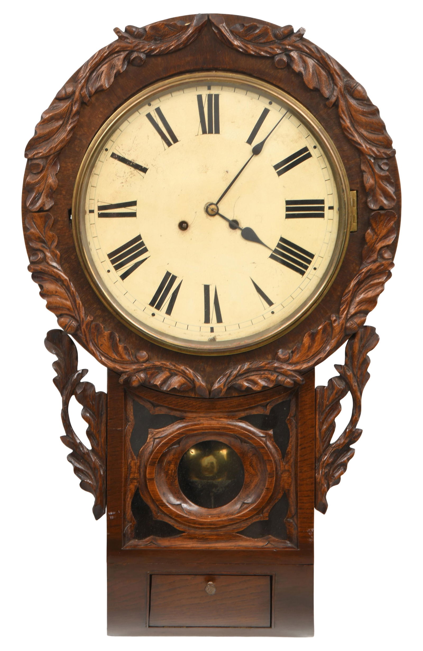 Black Forest Carved Double Fusee Wall Clock, Attributed to Camerer Cuss & Co.: Black Forest Carved Double Fusee Wall Clock, Attributed to Camerer Cuss & Co.late 19th centurythe oak case with foliate carvings, 8-day double fusee time and strike movement, unmarked30 x 17 x 7 inche