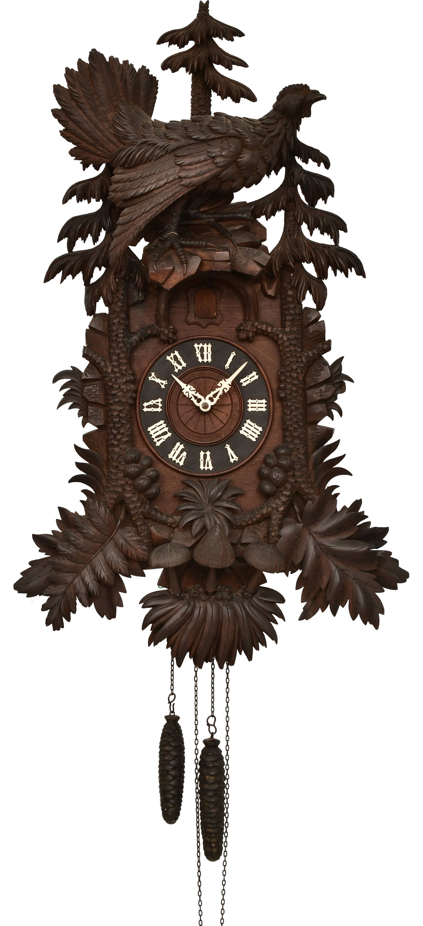 A Large Black Forest Carved Cuckoo Clock: A Large Black Forest Carved Cuckoo Clocklate 19th centurycarved case with oak leaves, mushrooms and surmounted by a quail, 30-hour brass weight driven time and cuckoo strike movement, unsigned37 x 22