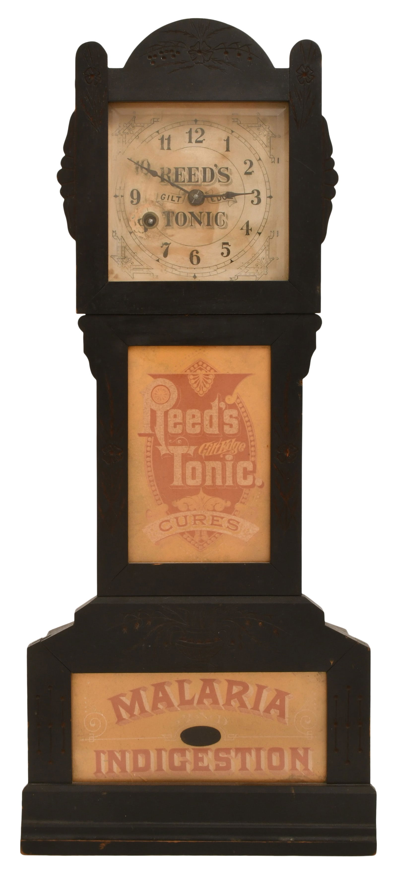 Reed's Tonic Advertising Clock, Connecticut: Reed's Tonic Advertising Clock, Connecticutlate 19th centurypainted Eastlake style case, 8-day brass time only spring driven movement, dial signed "Reed's Tonic, Gilt Edge" and with worn label on reve