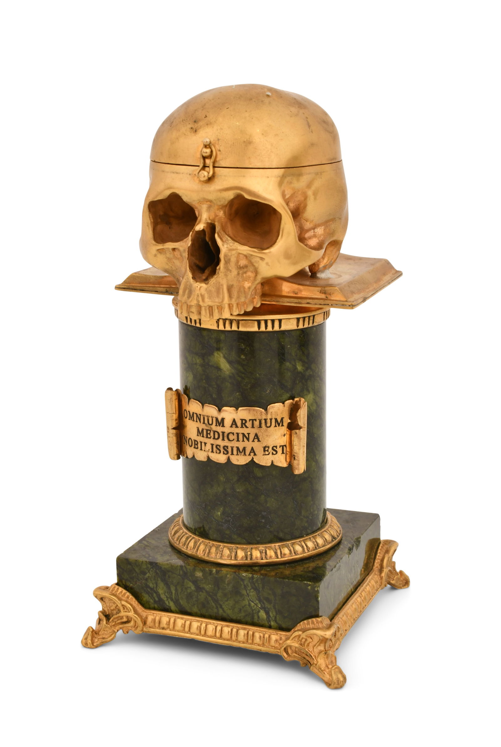 French Verge Fusee Desk Clock with Gilt Bronze Memento Mori Skull: French Verge Fusee Desk Clock with Gilt Bronze Memento Mori Skull19th century movement, 20th century enclosuremarble base and column with gilt bronze mountings and surmounted skull, 30-hour brass spri