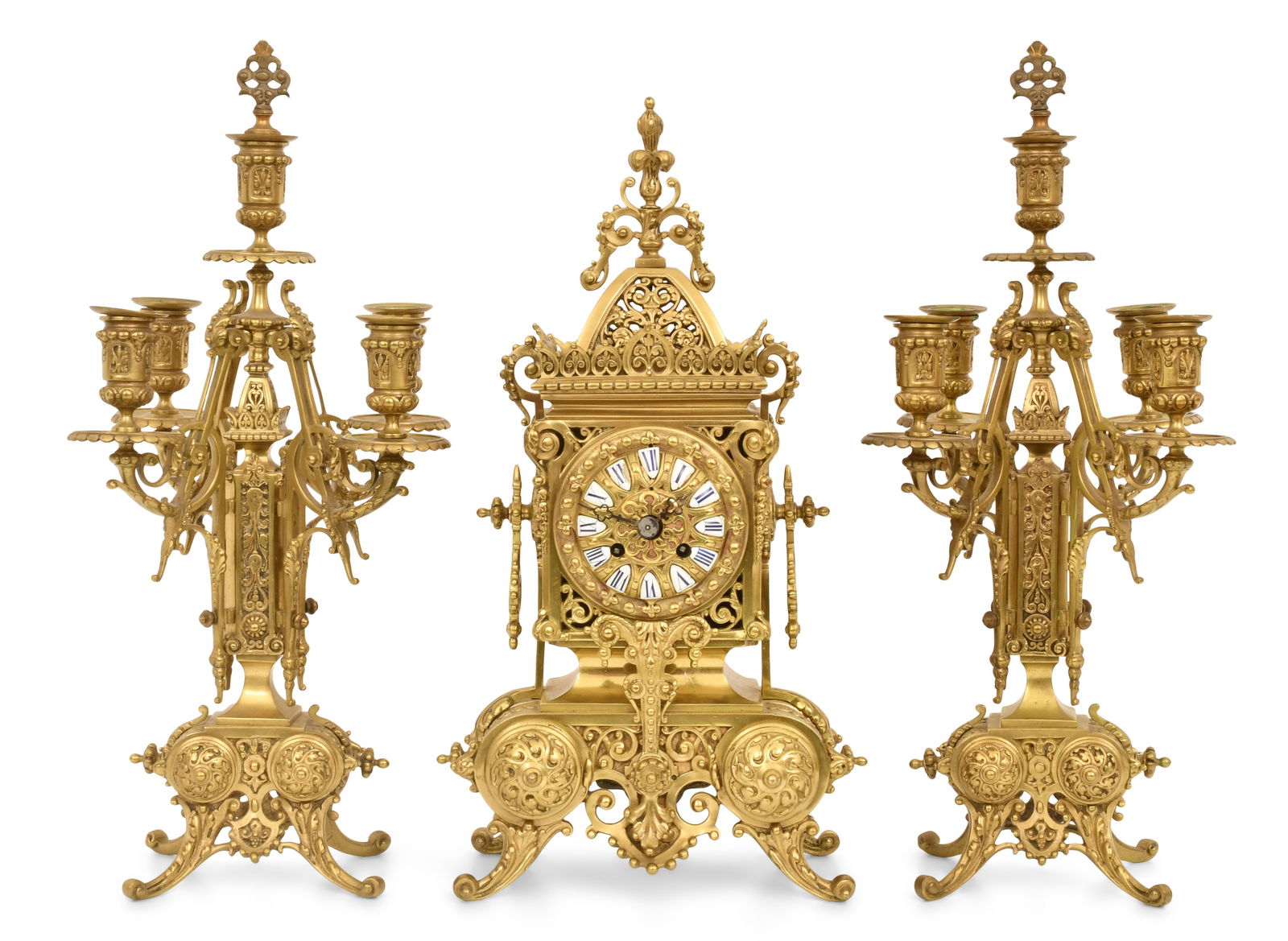 French Gilt Bronze Three-Piece Clock Garniture: French Gilt Bronze Three-Piece Clock Garniturelate 19th centurythe clock with matching candelabra and Roman hour numerals, French ebauche spring driven brass time and strike movement, movement signed
