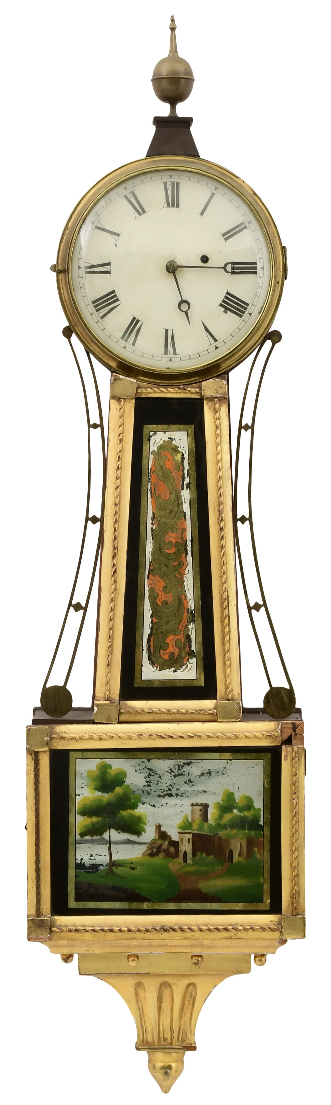 Attr. Jonathan Billings (1777-1841), Oversized Striking Banjo Clock, Acton & Concord, Massachusetts: Attributed to Jonathan Billings (1777-1841), Oversized Striking Banjo Clock, Acton & Concord, Massachusettscirca 1820'smahogany case with gilded rope frames, brass 8-day weight-driven time and strike