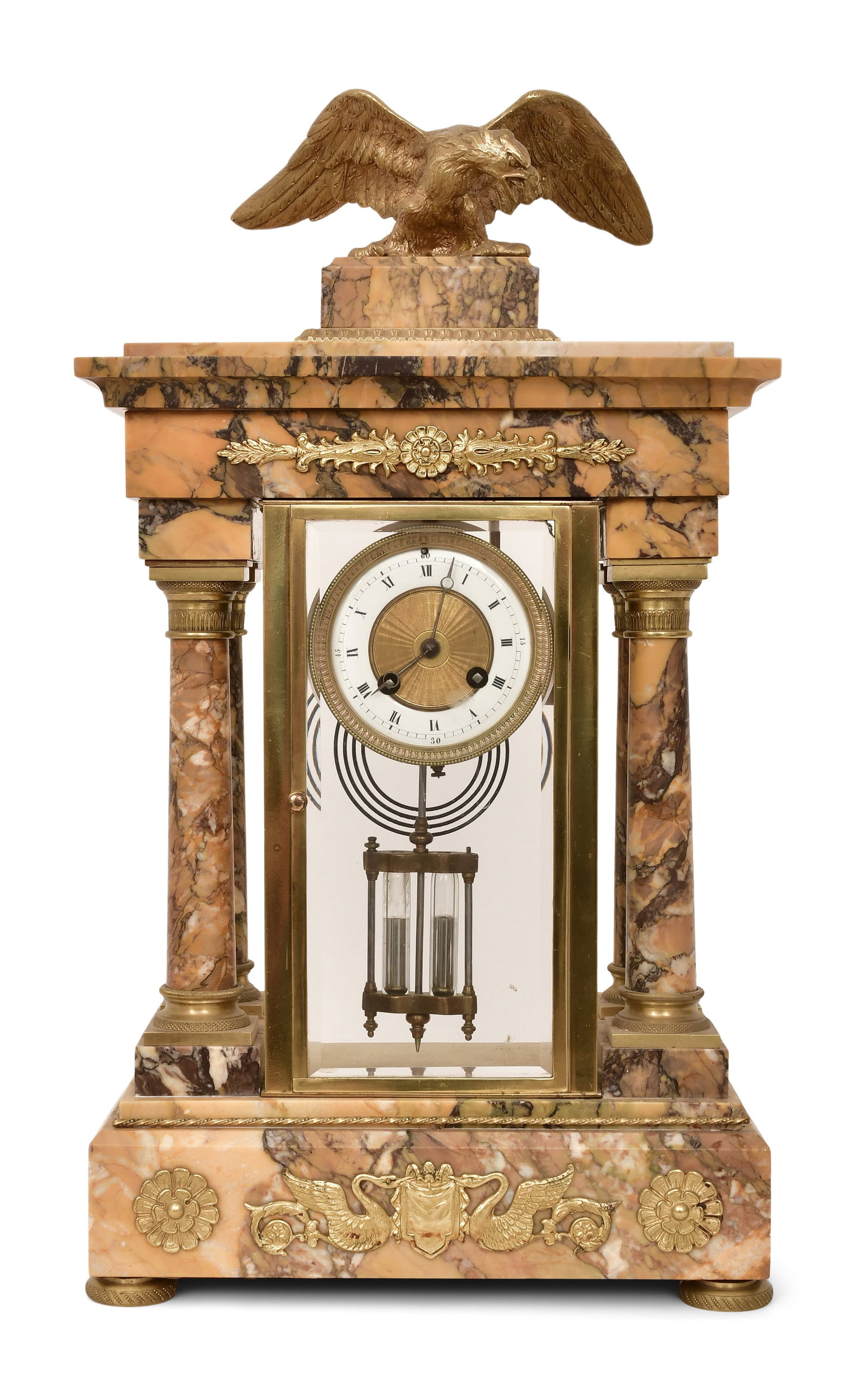 French Marble & Bronze Portico Clock with Eagle: French Marble & Bronze Portico Clock with Eaglelate 19th centurythe case with four marble columns, gilt bronze mountings and beveled glass front having a surmounted eagle, French ebauche 8-day brass s