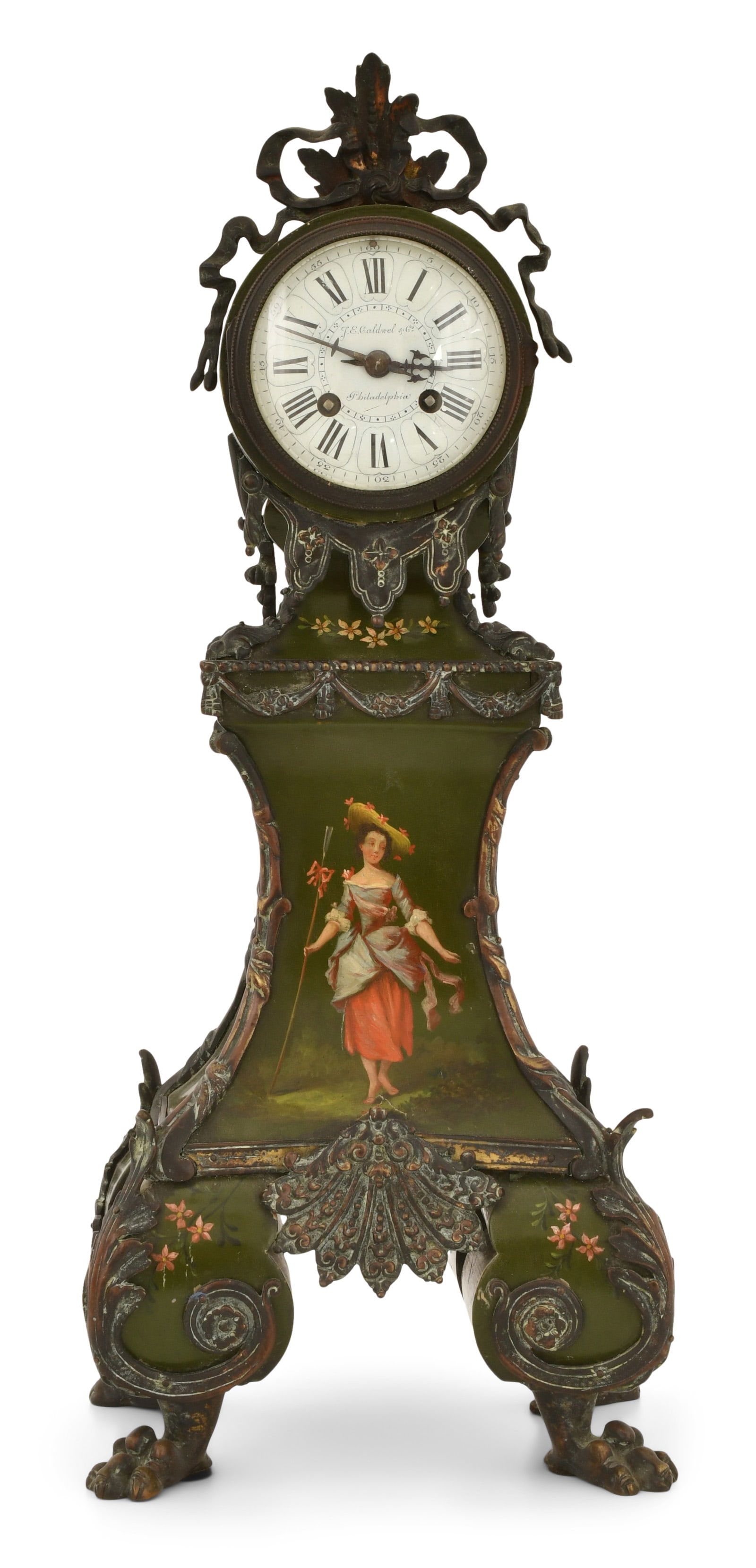J.E. Caldwell & Co. Bronze-Mounted & Painted Wood Table Clock: J.E. Caldwell & Co. Bronze-Mounted & Painted Wood Table Clocklate 19th centurythe clock with a 3 1/2- inch porcelain dial signed "J.E. Caldwell, Philadelphia," French round brass 8 day spring driven m