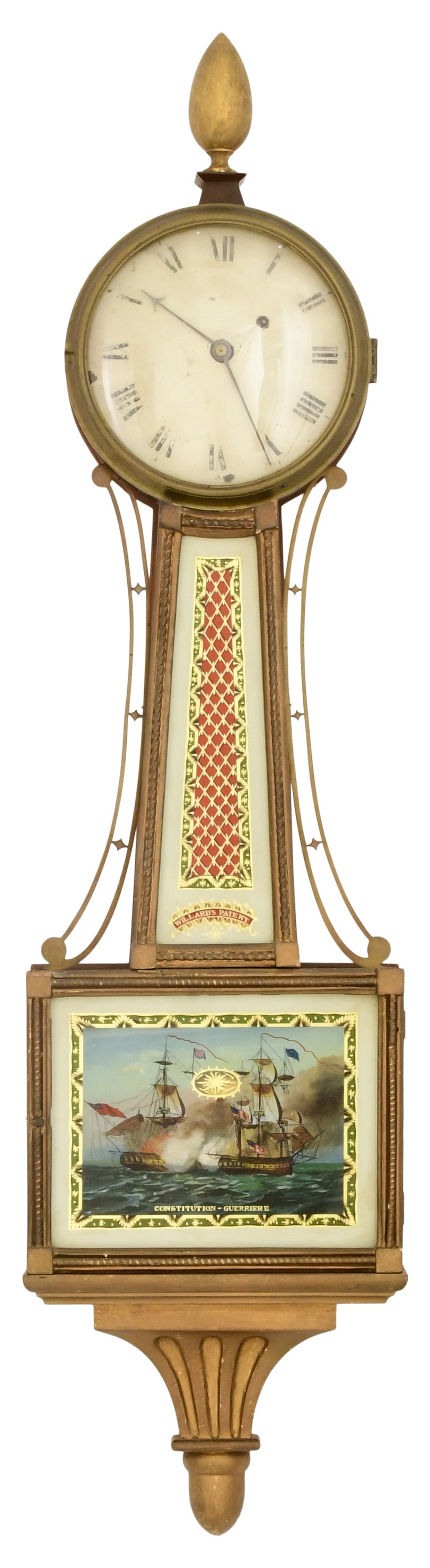 Early 19th Century American Presentation Banjo Clock: Early 19th Century American Presentation Banjo Clockcirca 1820'smahogany case with gilded rope frames, brass 8-day weight-driven movement with alternate train, unsigned42 x 10 1/4 x 3 3/4 inches