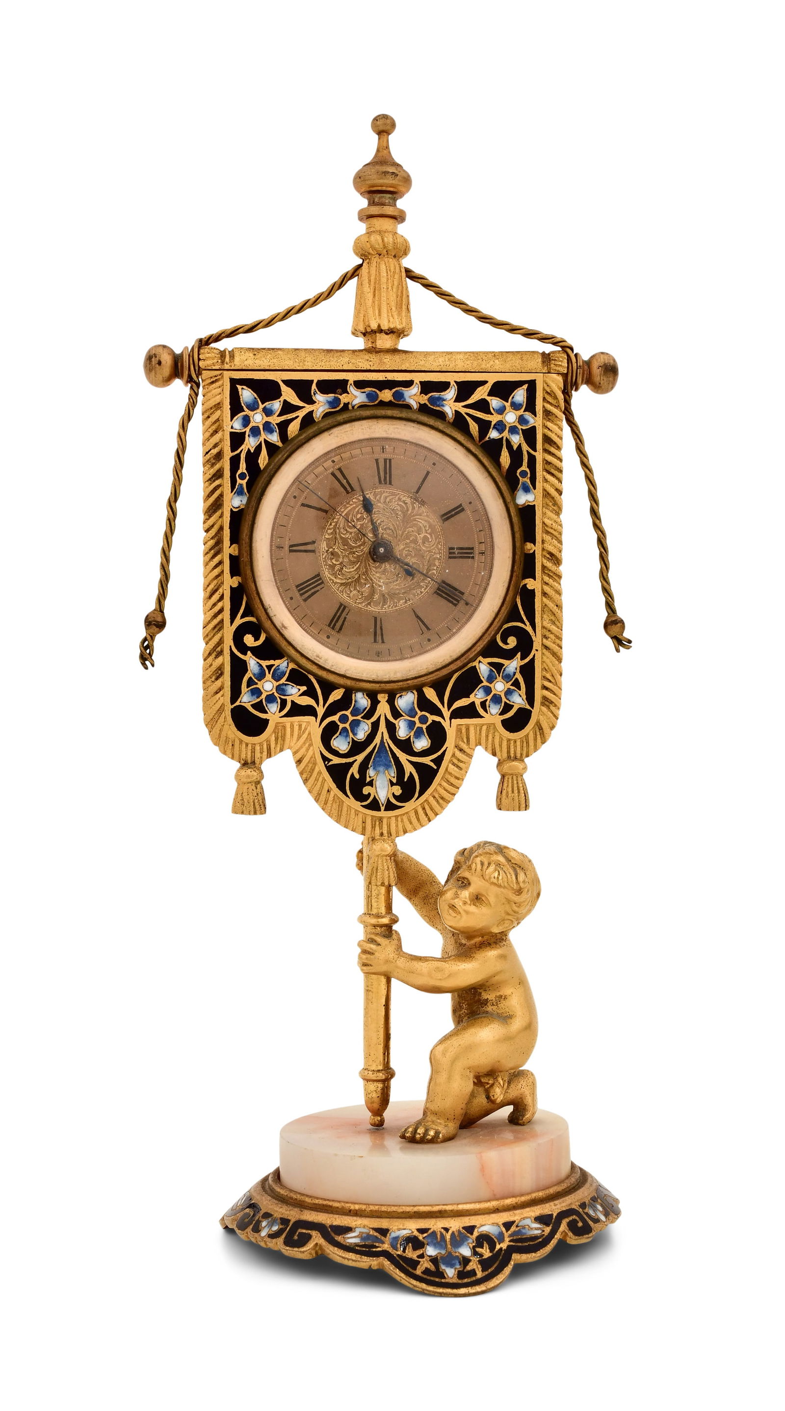 French Cloisonne Desk Clock: French Cloisonne Desk Clockearly 20th centurygilt brass cherub holing a cloisonne decorated flag with an onyx base, unknown duration brass movement with cylinder escapement and sweep seconds, movement