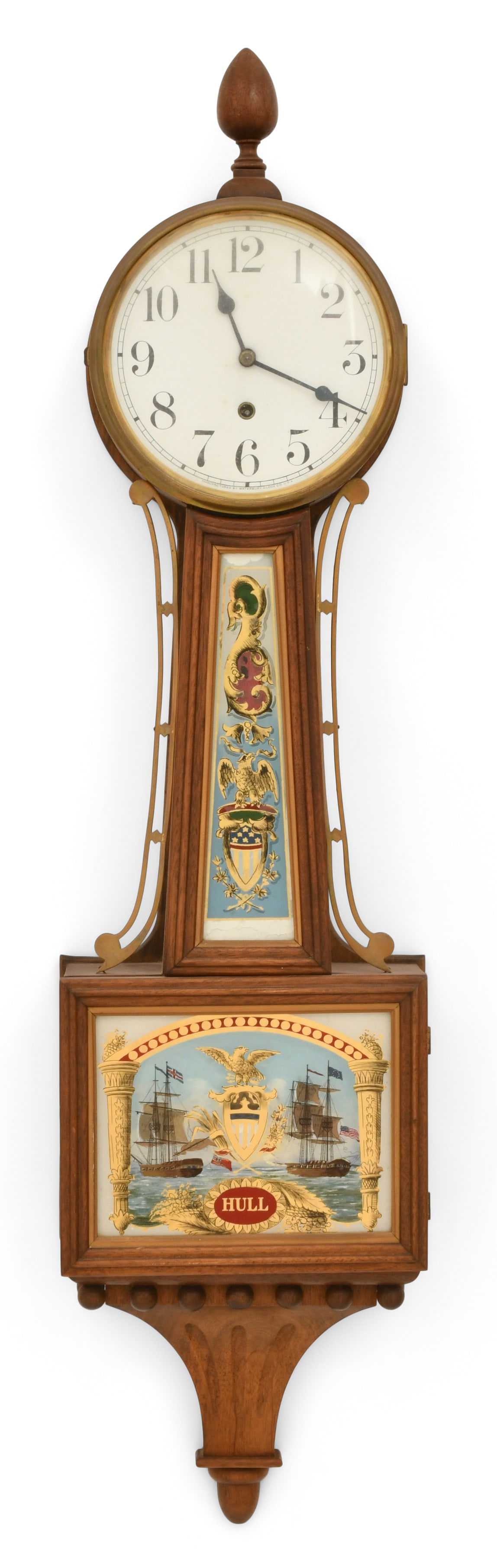 Waterbury Clock Co. "Willard No. 3" Banjo Clock: Waterbury Clock Co. "Willard No. 3" Banjo Clockearly 20th centurymahogany case, the door painted with "Constitution and Guerriere" naval battle scene, 8-day weight-driven time-only movement, signed on