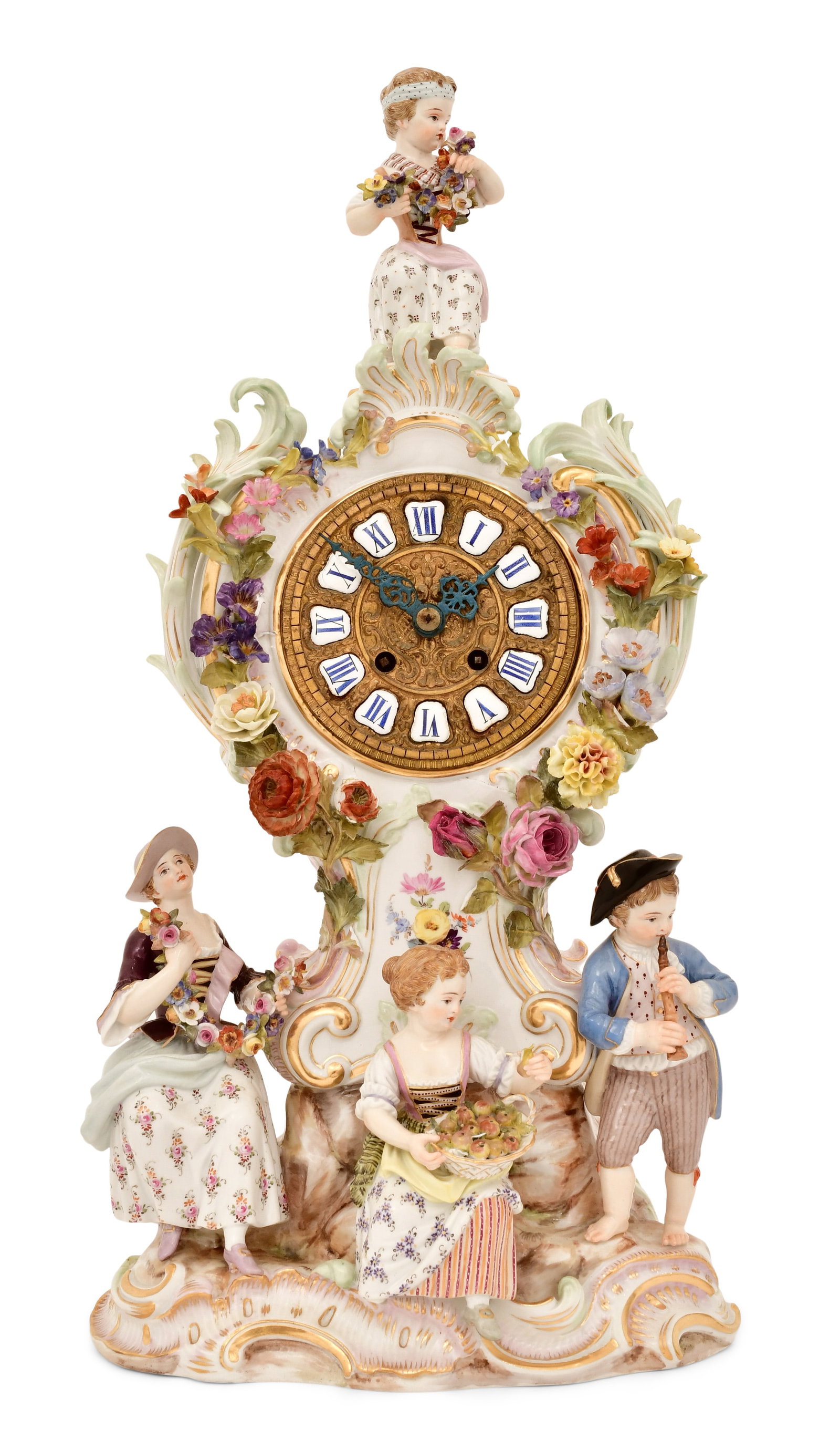 Meissen Porcelain Figural Mantel Clock: Meissen Porcelain Figural Mantel Clock19th centurythe flower-encrusted case surmounted by a putto, the clock face surrounded by applied flowers and the base surrounded by three figures, case signed wi