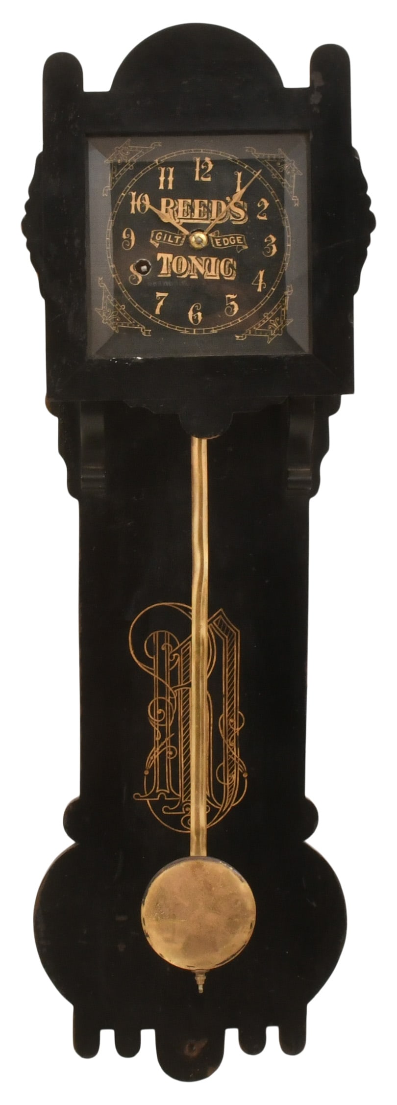 Reed's Tonic Advertising Wall Clock, Connecticut: Reed's Tonic Advertising Wall Clock, Connecticutlate 19th centurypainted Eastlake style case, 8-day brass time only spring driven movement, dial signed "Reed's Tonic, Gilt Edge"26 1/2 x 8 3/4 x 4 inch