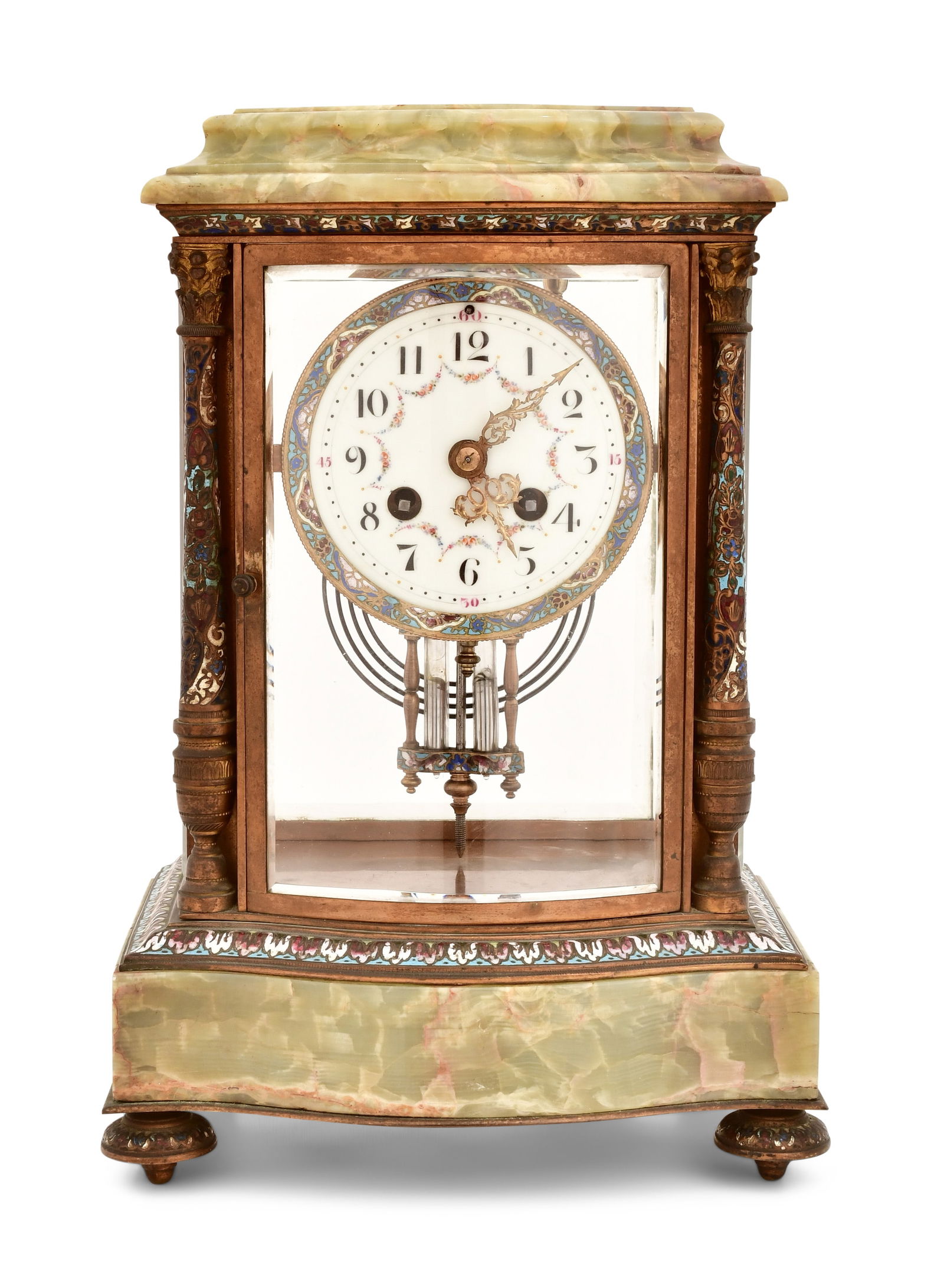 French Champleve & Green Onyx Crystal Regulator Clock: French Champleve & Green Onyx Crystal Regulator Clocklate 19th centurybronze frame with Champleve decorated columns, bezel and pendulum, French ebauche 8-day brass spring driven time and strike moveme