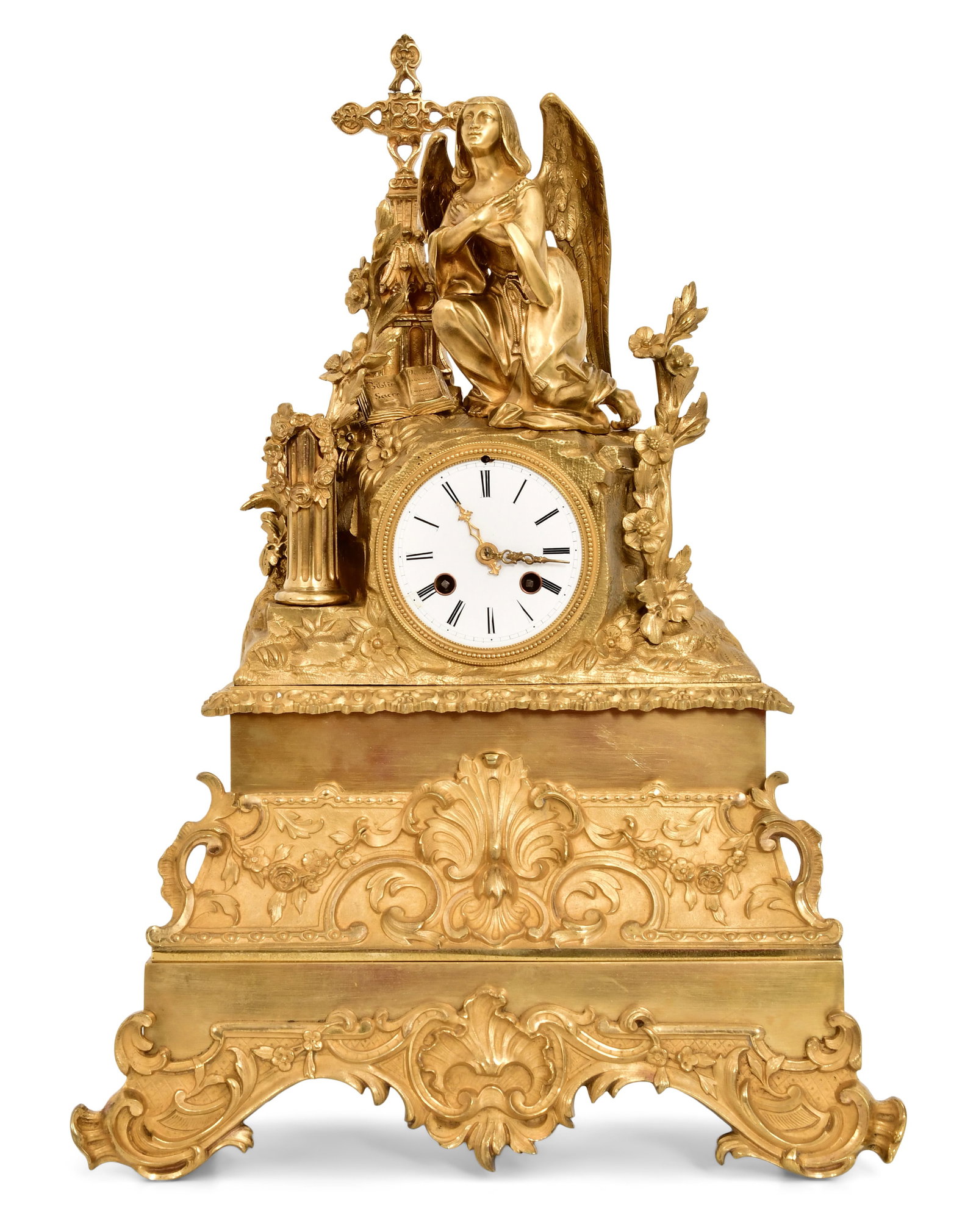 French Gilt Bronze Figural Mantel Clock: French Gilt Bronze Figural Mantel Clockmid-19th centurythe case with foliate designs with a surmounted kneeling angel and cross, French ebauche 8-day time and strike spring driven movement, movement s