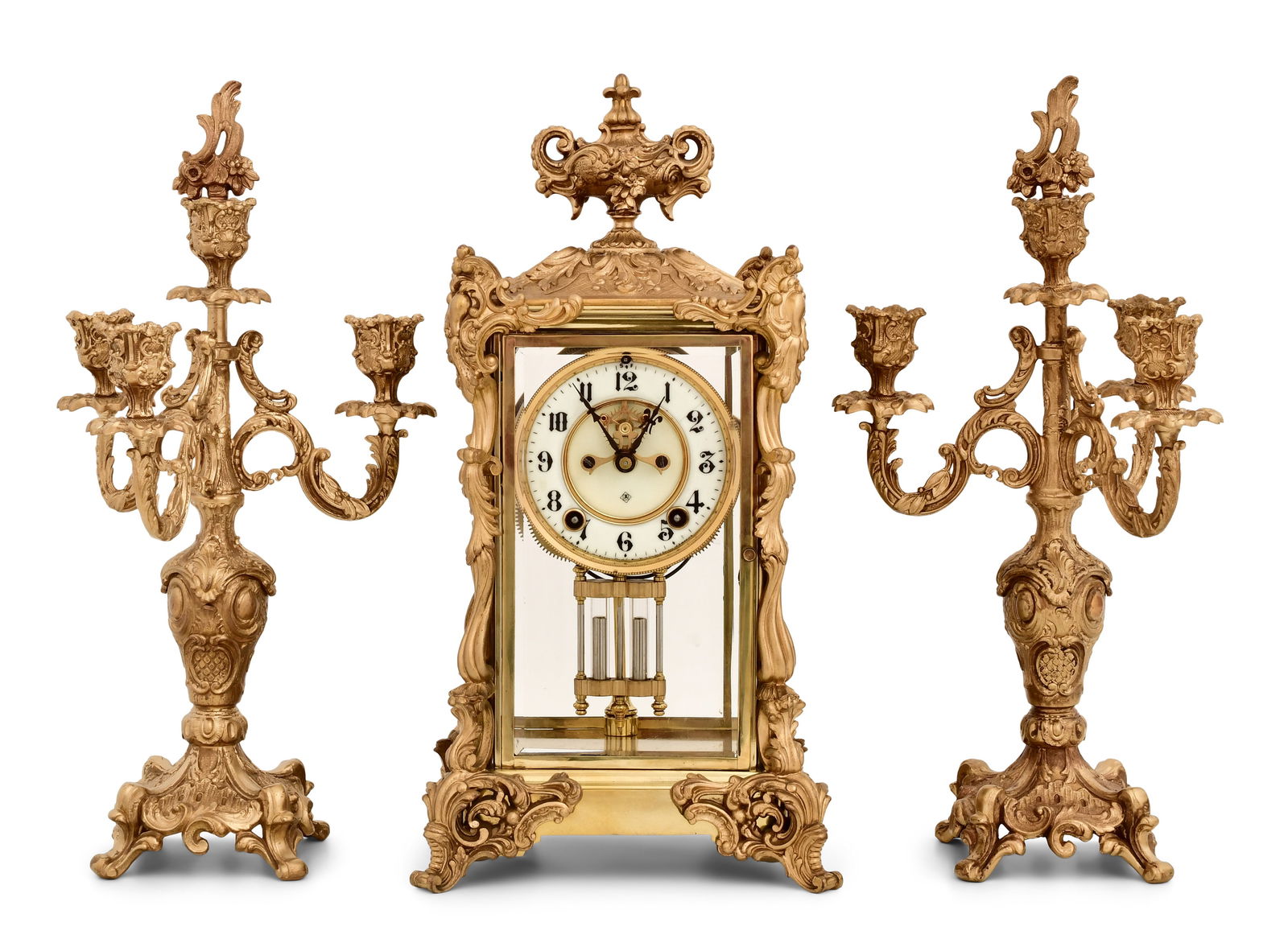 Ansonia Clock Co. "Viceroy" Crystal Regulator Clock Garniture: Ansonia Clock Co. "Viceroy" Crystal Regulator Clock Garniturecirca 1902brass with beveled glass panels and matching candelabras, 8-day brass spring driven time and strike movement with jeweled brocot