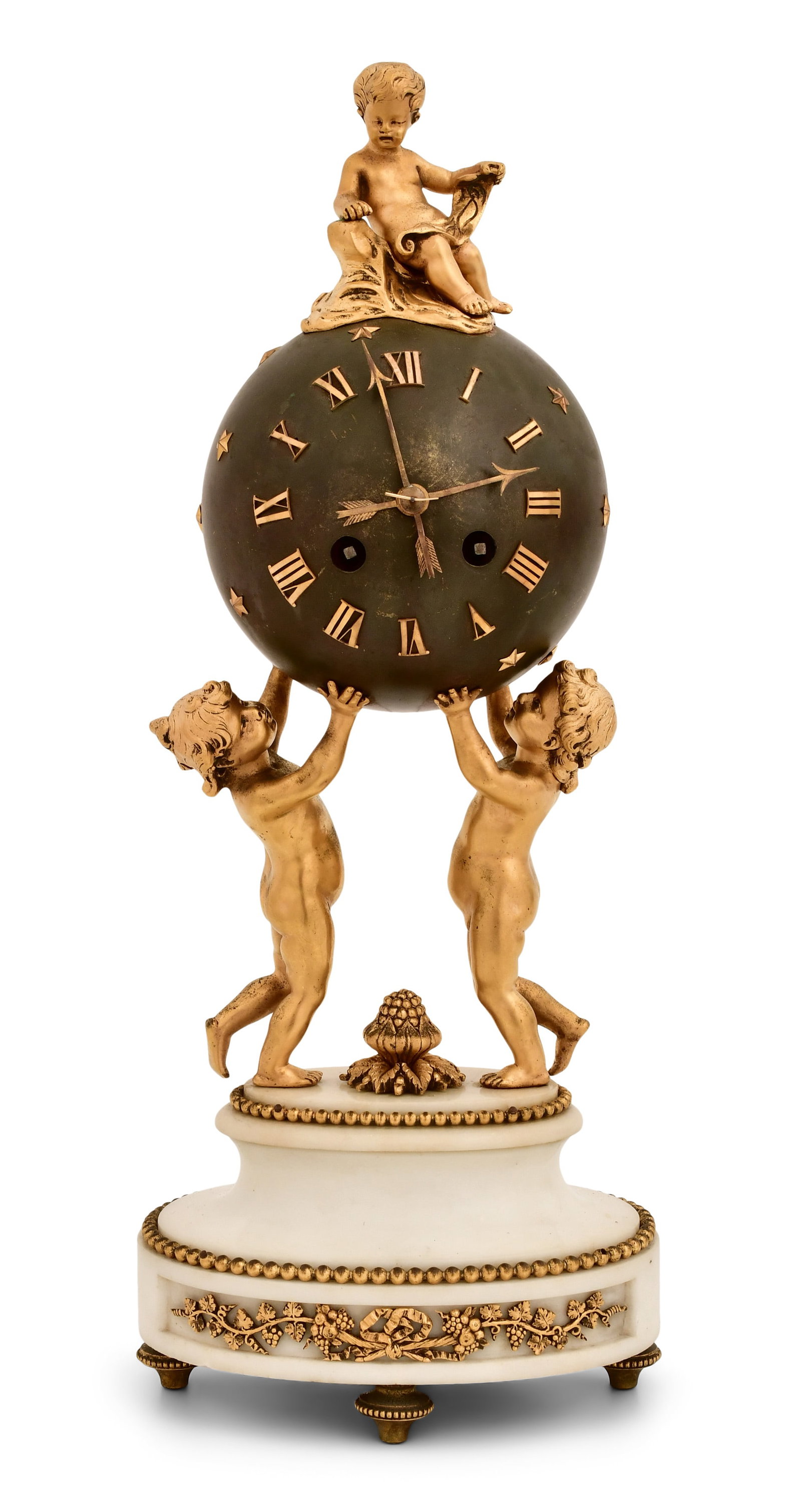 French Bronze & Marble Figural Ball Clock: French Bronze & Marble Figural Ball Clocklate 19th centurymarble base surmounted by putti holding aloft the ball, French ebauche 8-day brass spring driven time and strike movement with platform escape